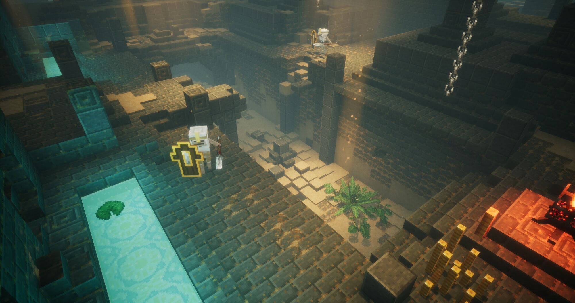 我的世界 高畫質壁紙 桌布 壁紙 — 一位Minecraft玩家探索一個光線昏暗的水下遺跡，內有發光方塊和一個寶箱。