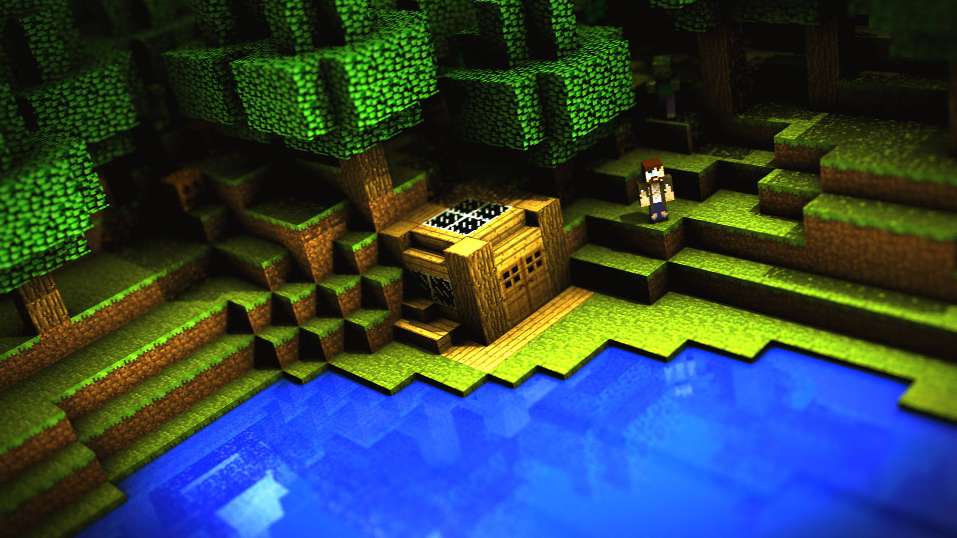 我的世界 桌布 壁紙 — 一位Minecraft玩家站在一艘停泊在藍色水邊的木船旁邊，上方是像素化的綠色樹木。