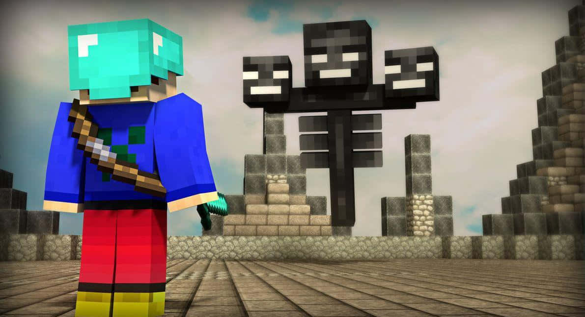 Minecraft Wither Boss 桌布 壁紙 — 一位Minecraft玩家站在一個石造建築前，面前有三個黑色鐵魔像，身處方塊像素世界。