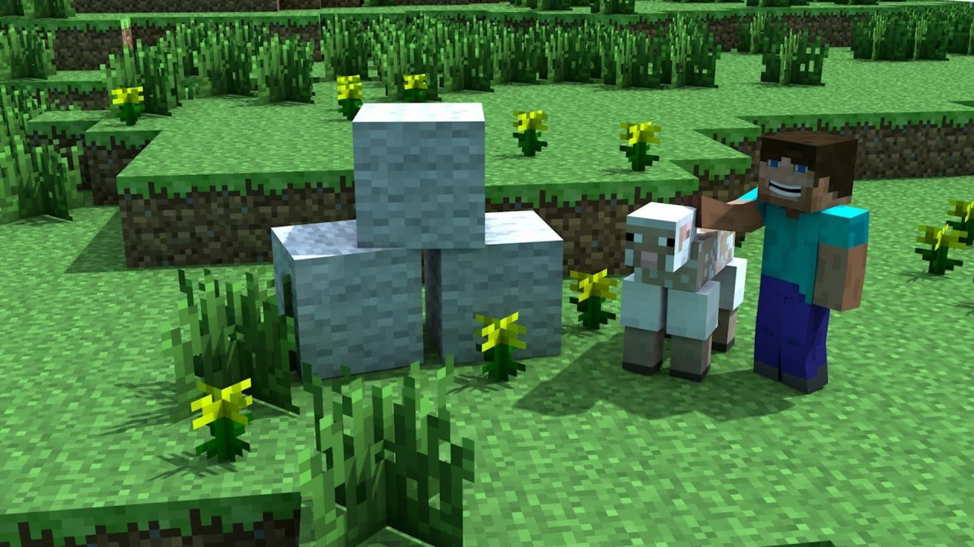 Minecraft Sheep 桌布 壁紙 — 一位Minecraft玩家站在一隻羊和一個石頭結構旁邊，在一個點綴著黃色花朵的草地上。