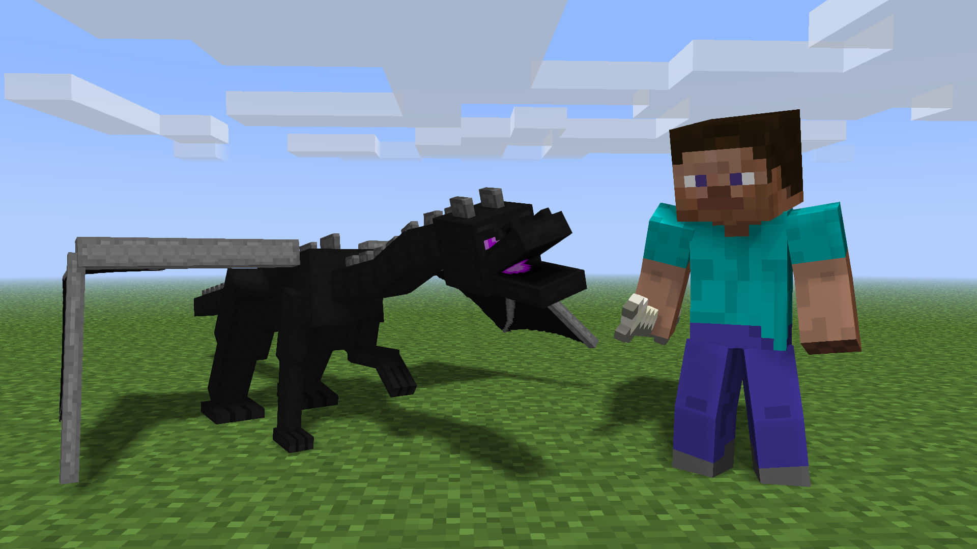 Minecraft Aesthetic 桌布 壁紙 — 一位Minecraft玩家站在一個有紫色眼睛的黑色龍旁邊，在一個草地田野上，天空是方塊狀的。