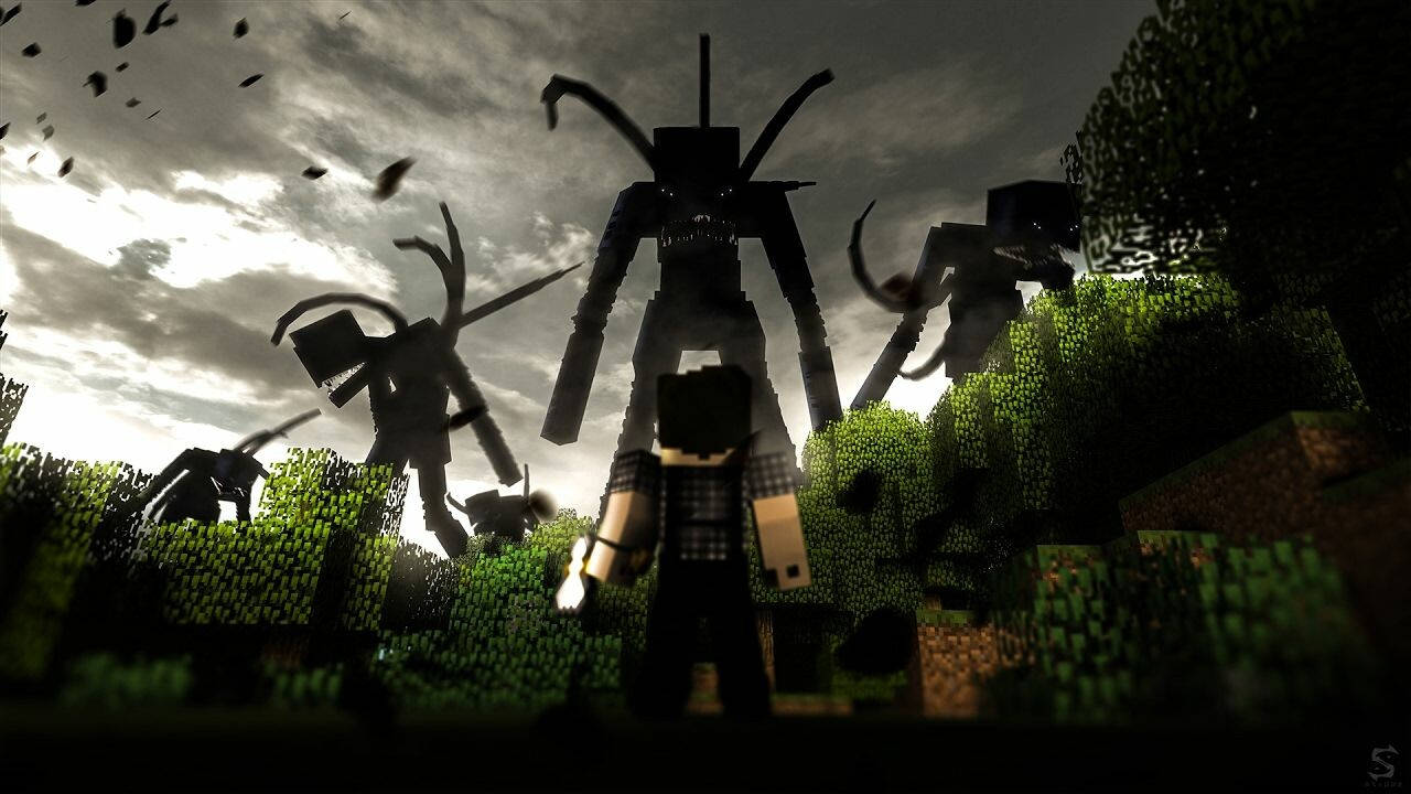 我的世界 桌布 壁紙 — 一位Minecraft玩家站在暴風雨的天空下，落葉飄零，面對高聳的陰影怪物。