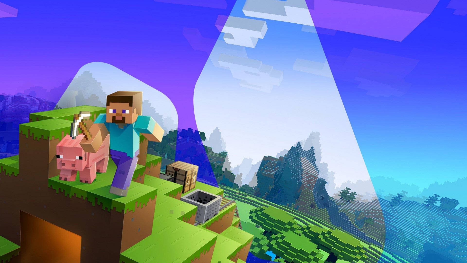 最佳我的世界 桌布 壁紙 — 一位Minecraft玩家站在長滿草的懸崖上，身邊有一隻豬，俯瞰著在充滿活力的紫色和藍色天空下的像素化景觀。
