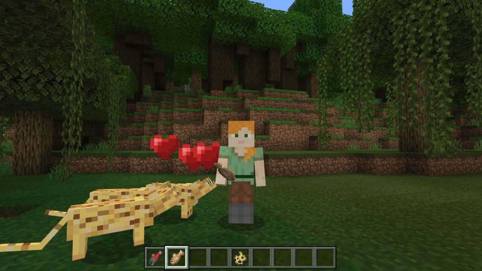 Minecraft Ocelot 桌布 壁紙 — 一位Minecraft玩家與一隻花豹同伴站在茂密的森林中，頭頂上有漂浮的心形。