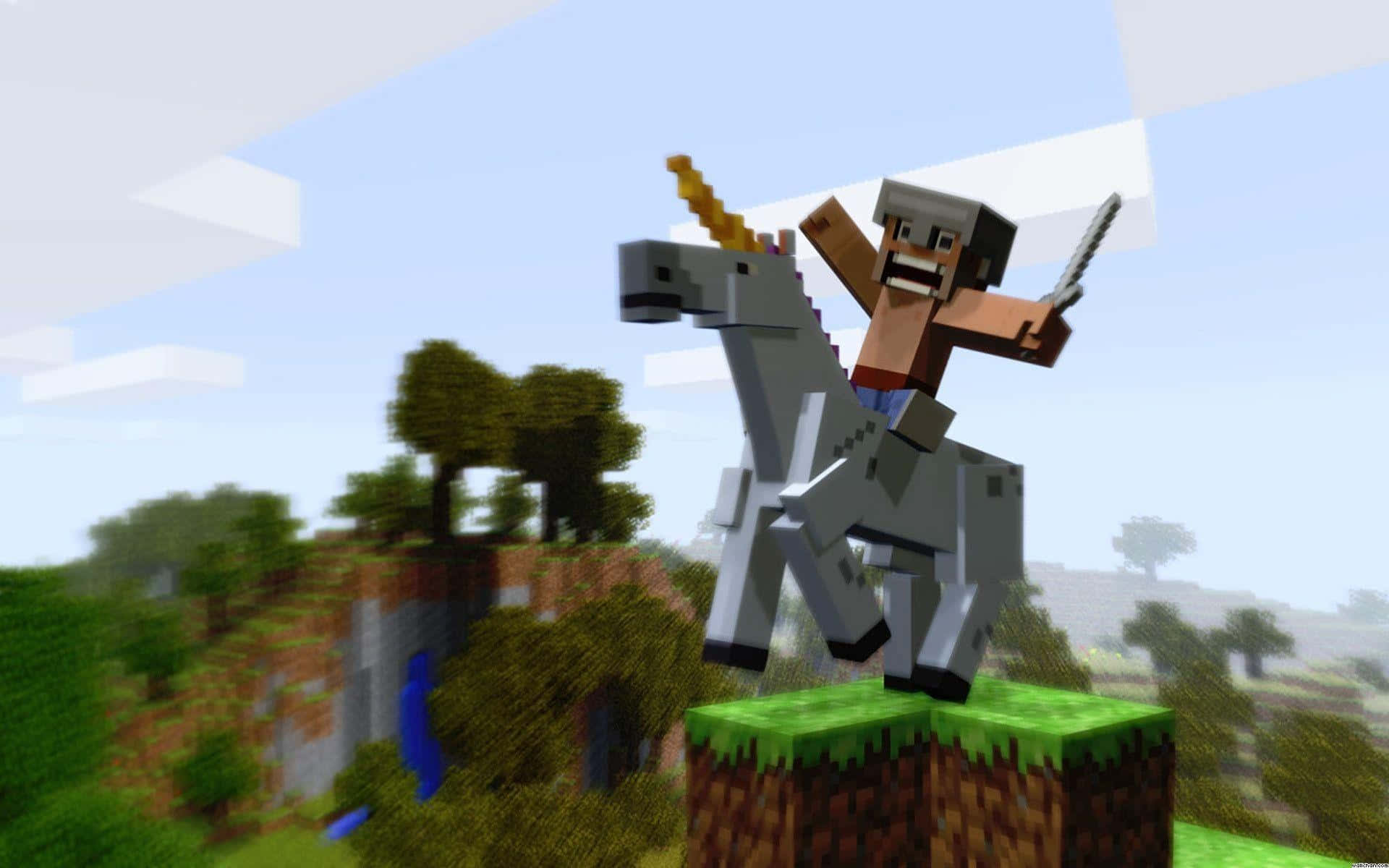 可愛 Minecraft 桌布 壁紙 — 一位Minecraft玩家騎著像素獨角獸，越過一個有樹木和藍色河流的方塊草地懸崖。