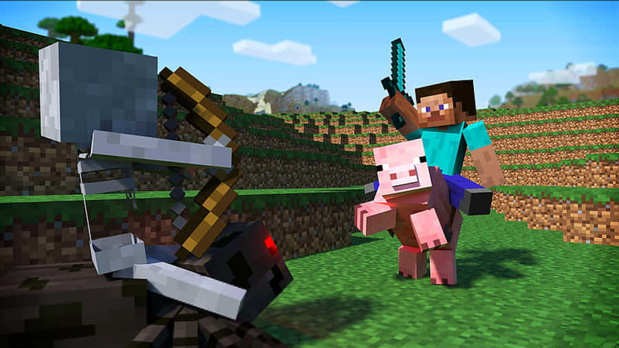 Minecraft Pig 桌布 壁紙 — 一位Minecraft玩家騎著豬，揮舞劍面對在方塊草地上被擊敗的鐵魔像。