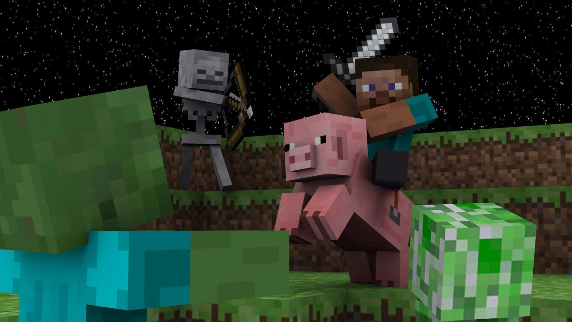 Minecraft Pig 桌布 壁紙 — 一位Minecraft玩家騎著豬，揮舞劍，在星空下與骷髏對峙。