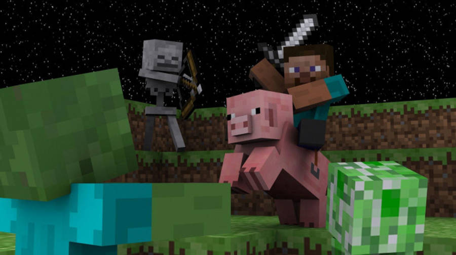 夜空 桌布 壁紙 — 一位Minecraft玩家騎著豬，而骷髏弓箭手在星空下接近。