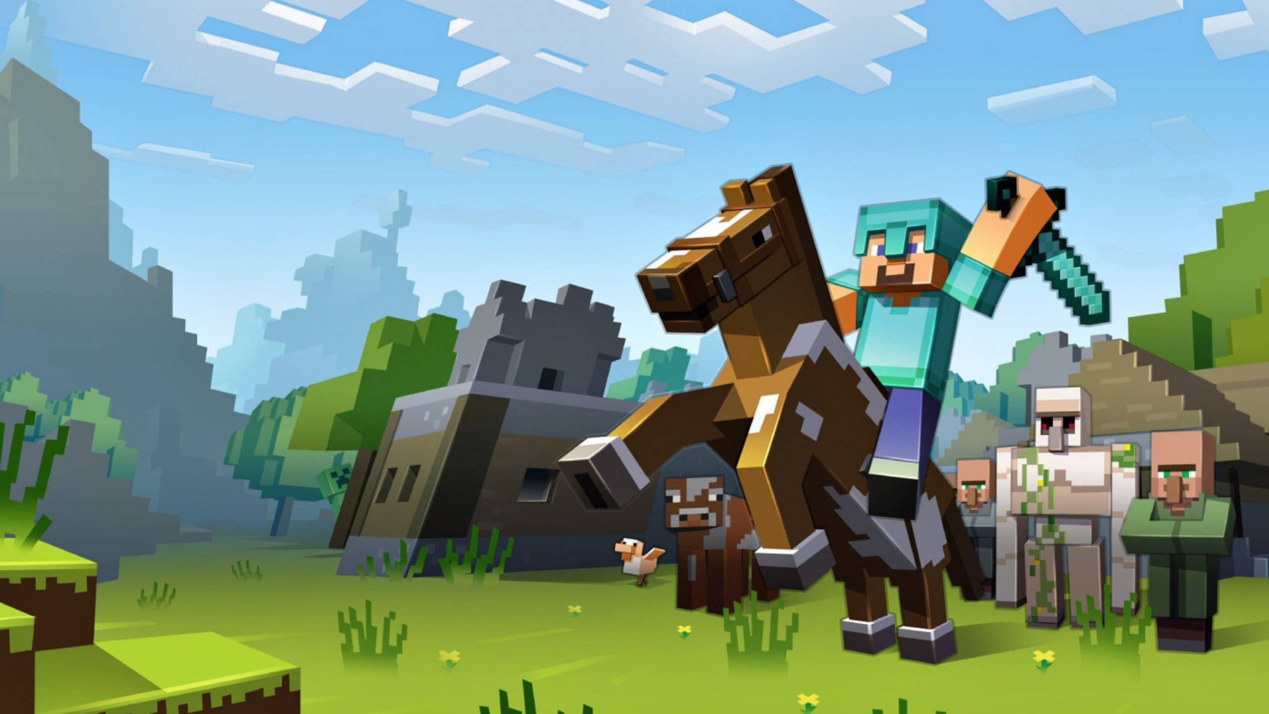 我的世界 史蒂夫 桌布 壁紙 — 一位Minecraft玩家騎著馬穿過方塊狀的草地風景，與朋友一起，遠處有一座城堡。