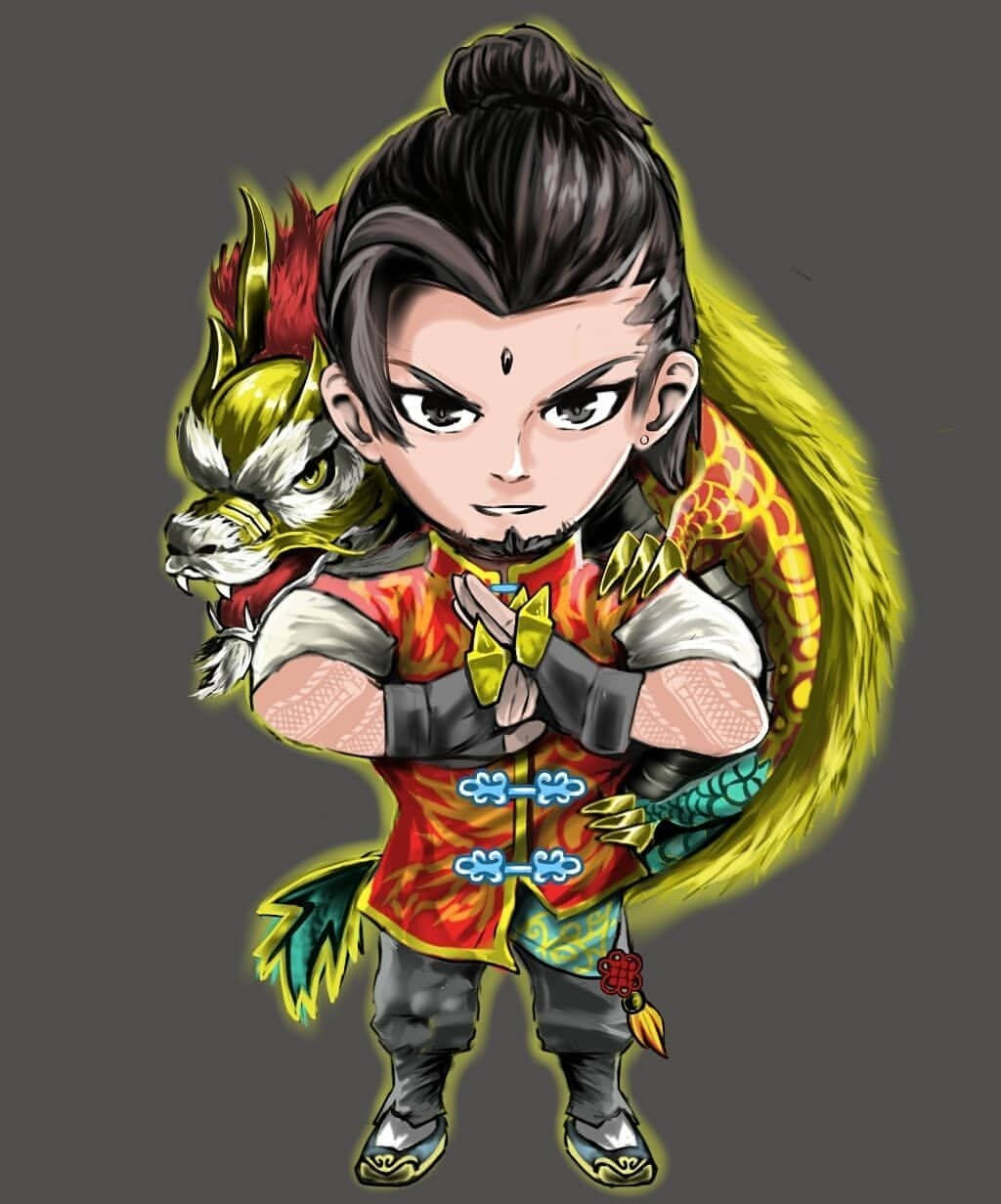 龍 桌布 壁紙 — 一位Q版動畫戰士與龍夥伴，身穿火紅與金色服裝，背景為深灰色。