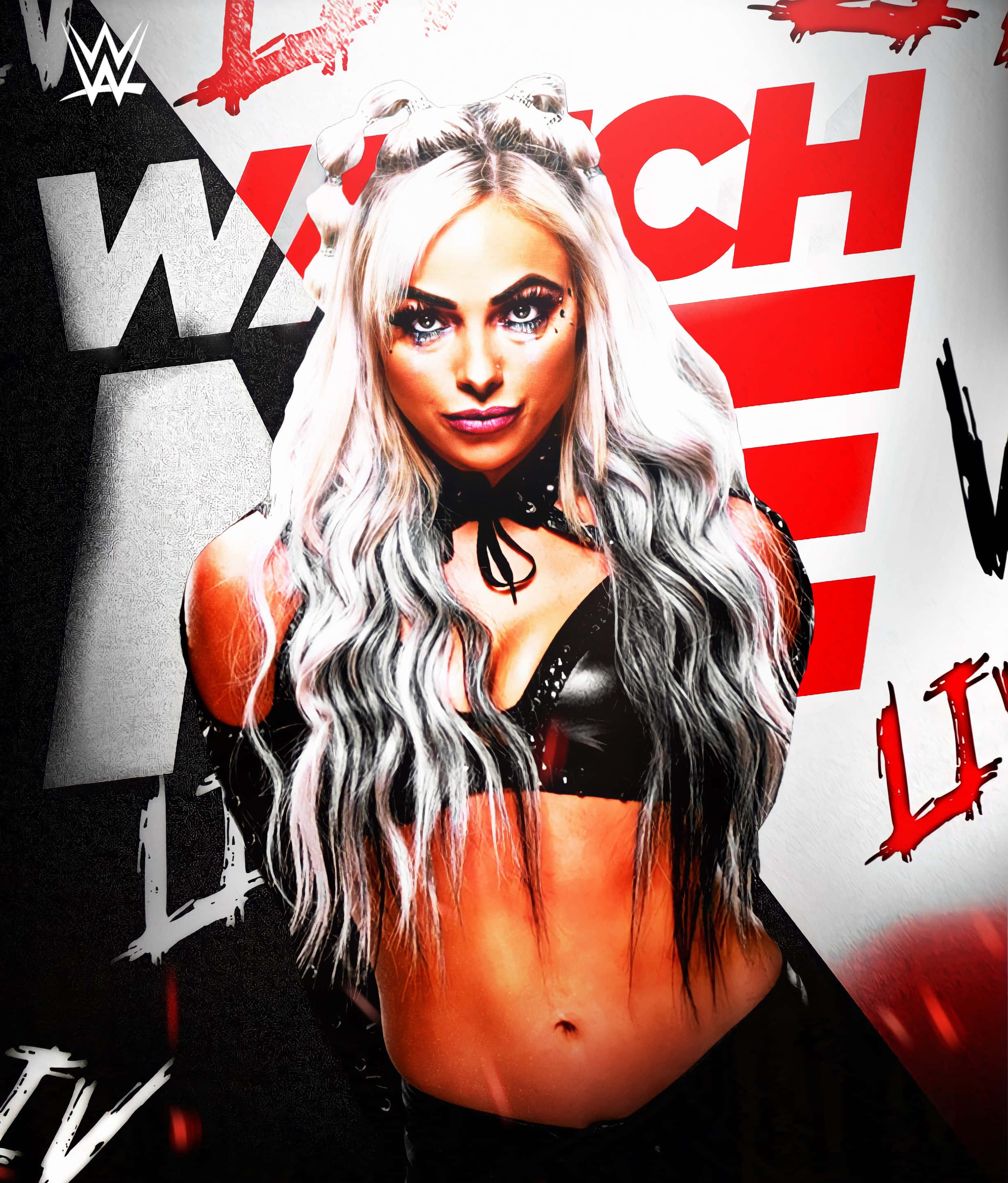 WWE 桌布 壁紙 — 一位WWE摔角手，銀色頭髮，大膽化妝，在塗鴉風格的紅黑背景前凝視。