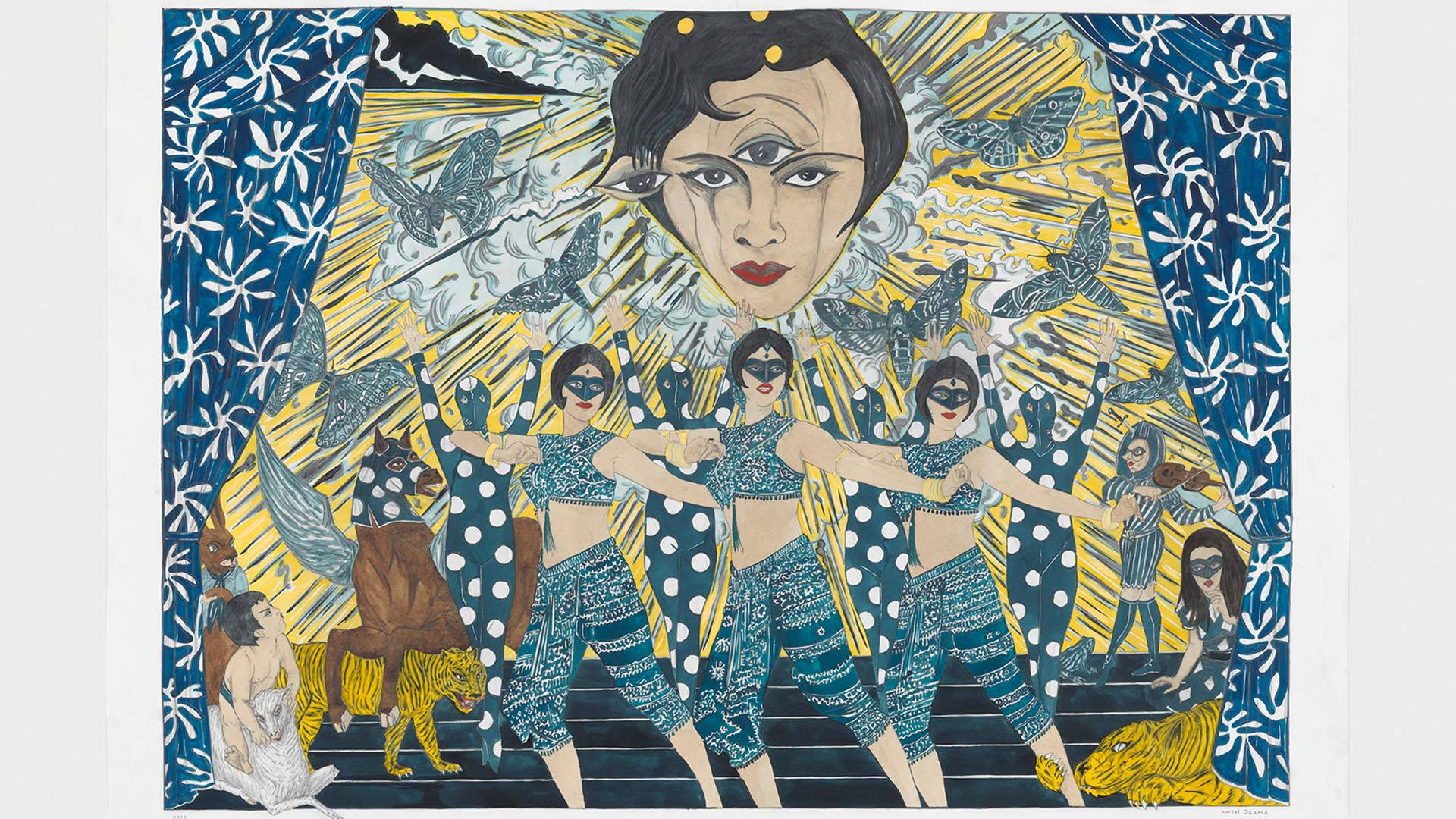 Folk Art 桌布 壁紙 — 一位中央女性額頭上有眼睛的風格化插圖，被舞者、老虎和蝴蝶環繞，背景是明亮的黃色和藍色圖案。