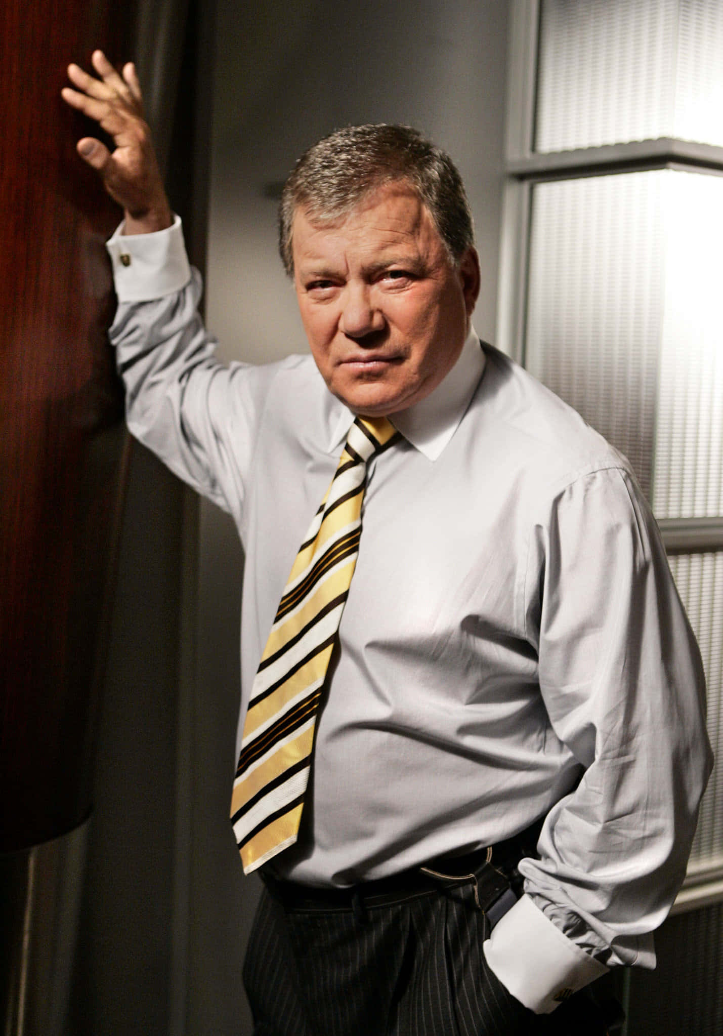 william shatner 桌布 壁紙 — 一位中年男子穿著淺色襯衫和條紋領帶，表情嚴肅地靠在木門上。