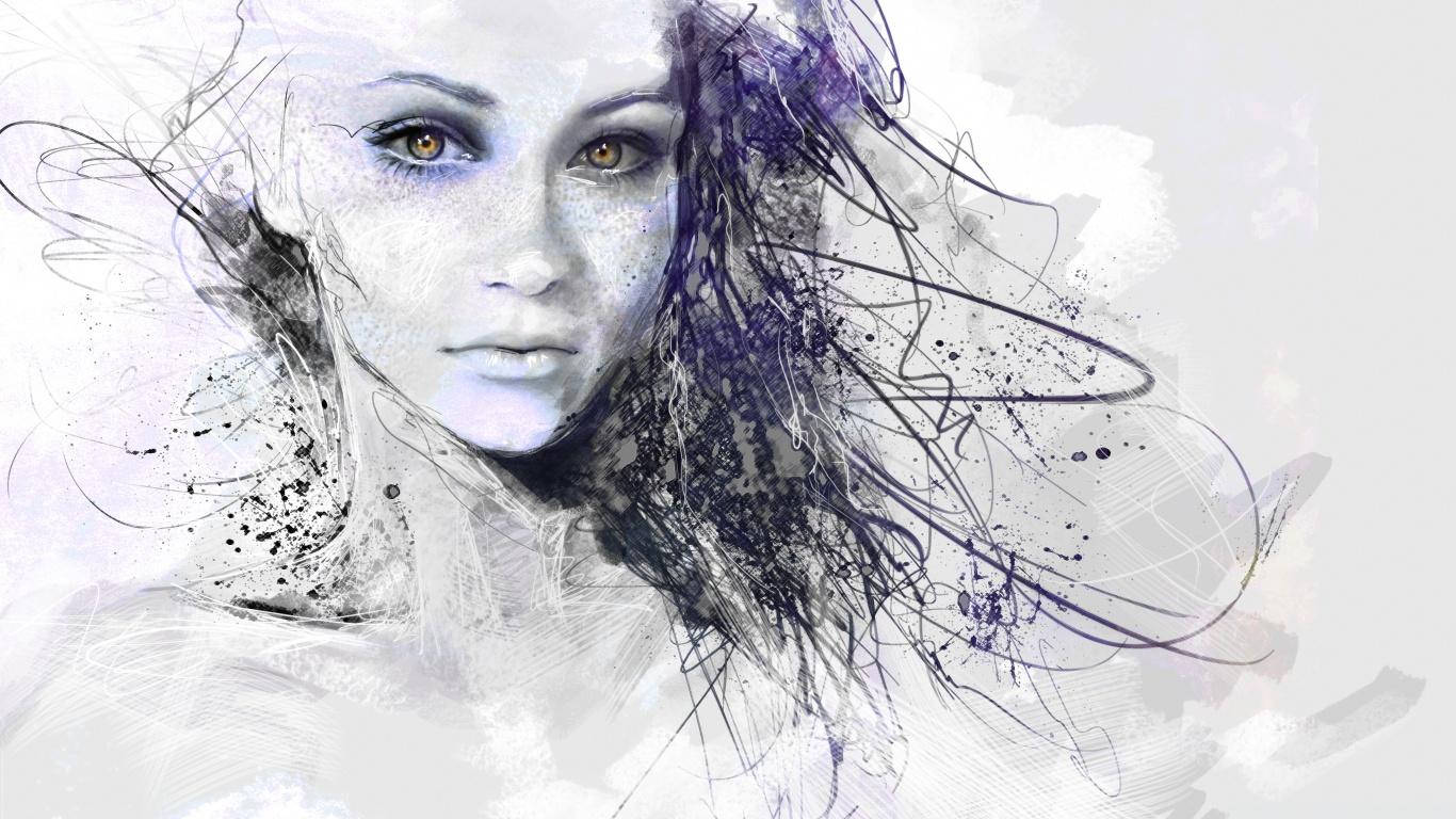 酷炫繪畫 桌布 壁紙 — 一位令人難忘的美麗女子，擁有銳利的琥珀色眼睛和飄逸的黑髮，背景是柔和的白色和抽象墨水飛濺。