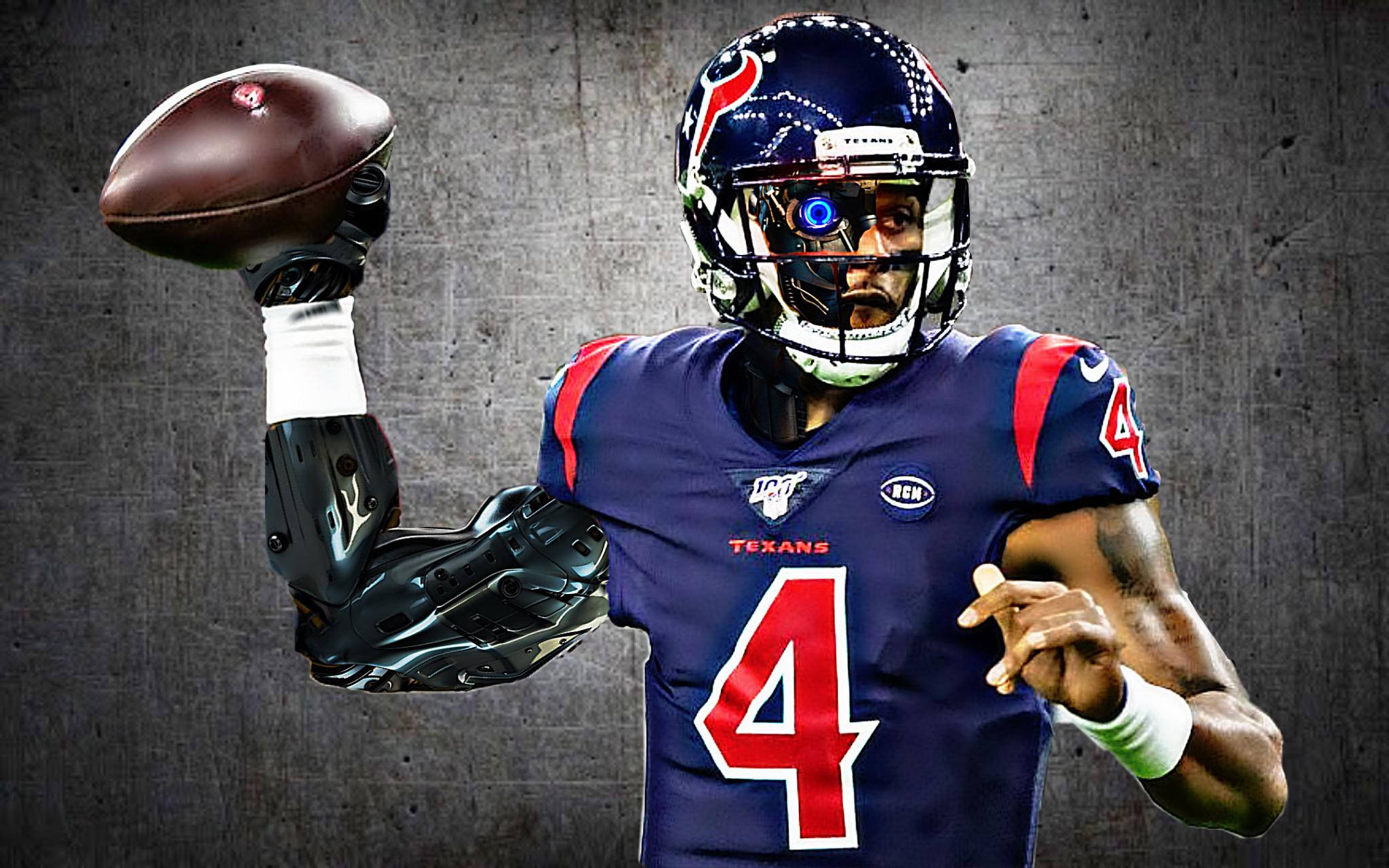 Deshaun Watson 桌布 壁紙 — 一位休士頓德州人美式足球員身穿藍色球衣，號碼4，手持橄欖球準備投擲，背景是粗糙的混凝土。