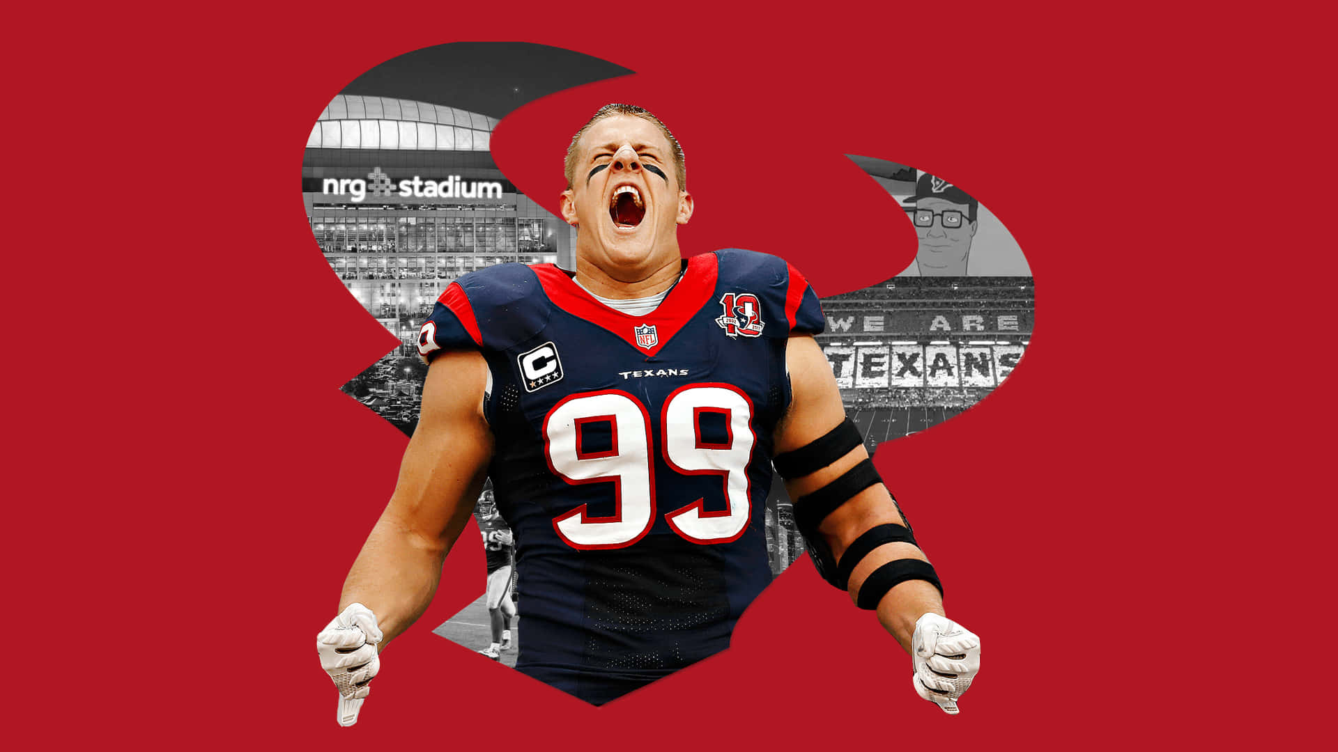 Jj Watt 桌布 壁紙 — 一位休士頓德州人隊的美式足球員，身穿99號球衣，在帶有體育場剪影的醒目紅色背景上勝利咆哮。