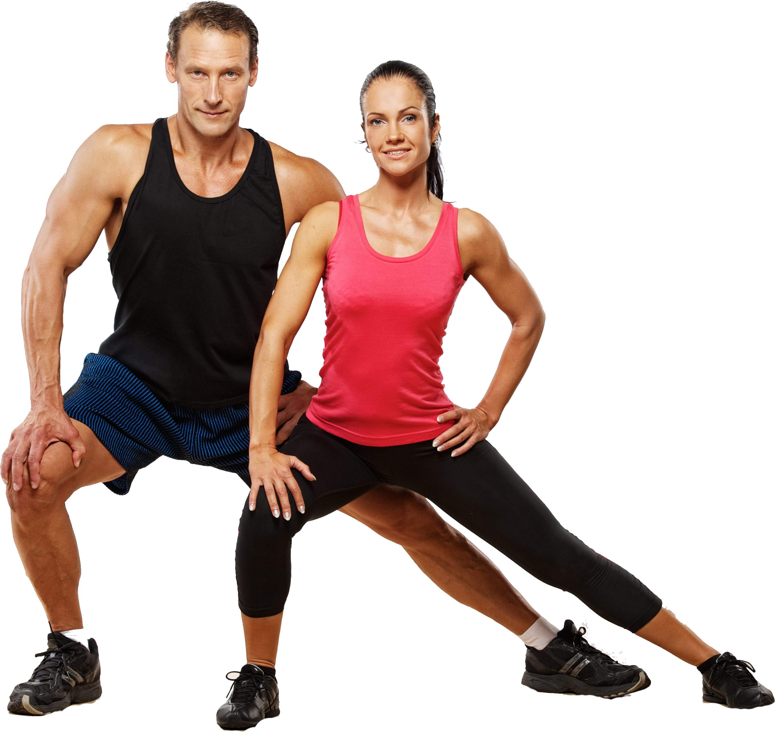 Fitness 桌布 壁紙 — 一位健康的男人和女人穿著運動服，在黑色背景前做出動態伸展姿勢。