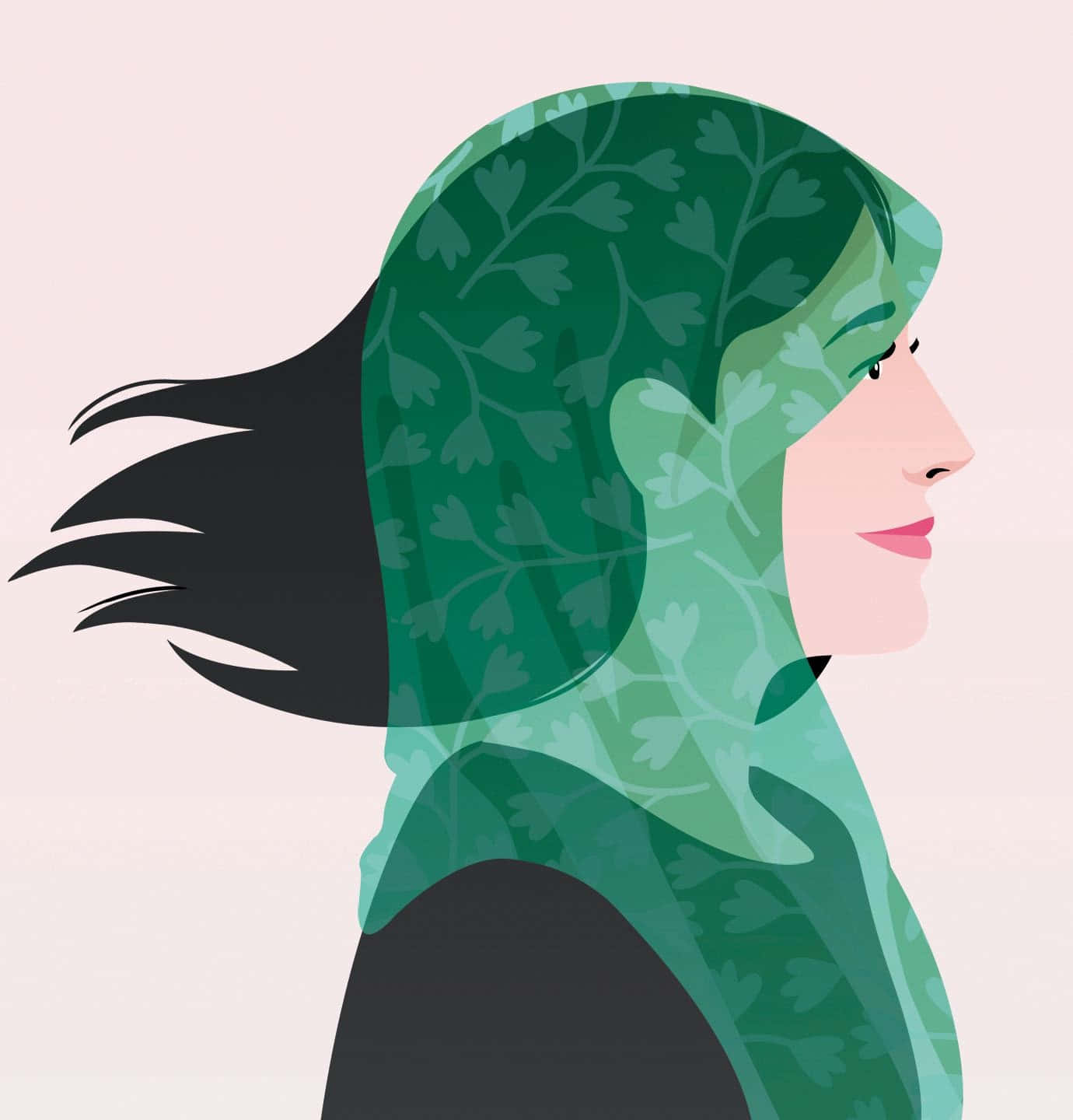 Illustration 桌布 壁紙 — 一位側面女子戴著綠色葉紋頭巾，背景是柔和的粉紅色，黑色頭髮在身後飄逸。