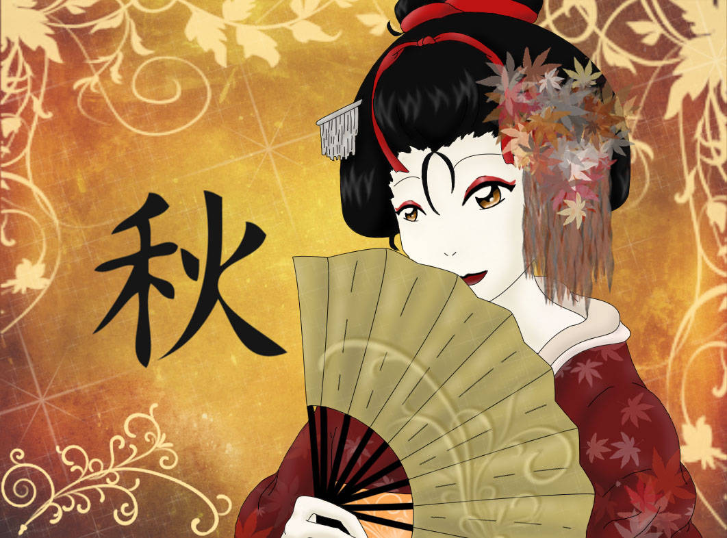 Geisha 桌布 壁紙 — 一位傳統日本藝妓，頭髮上插著秋葉，在金色背景前手持扇子，背景上有代表秋天的漢字。