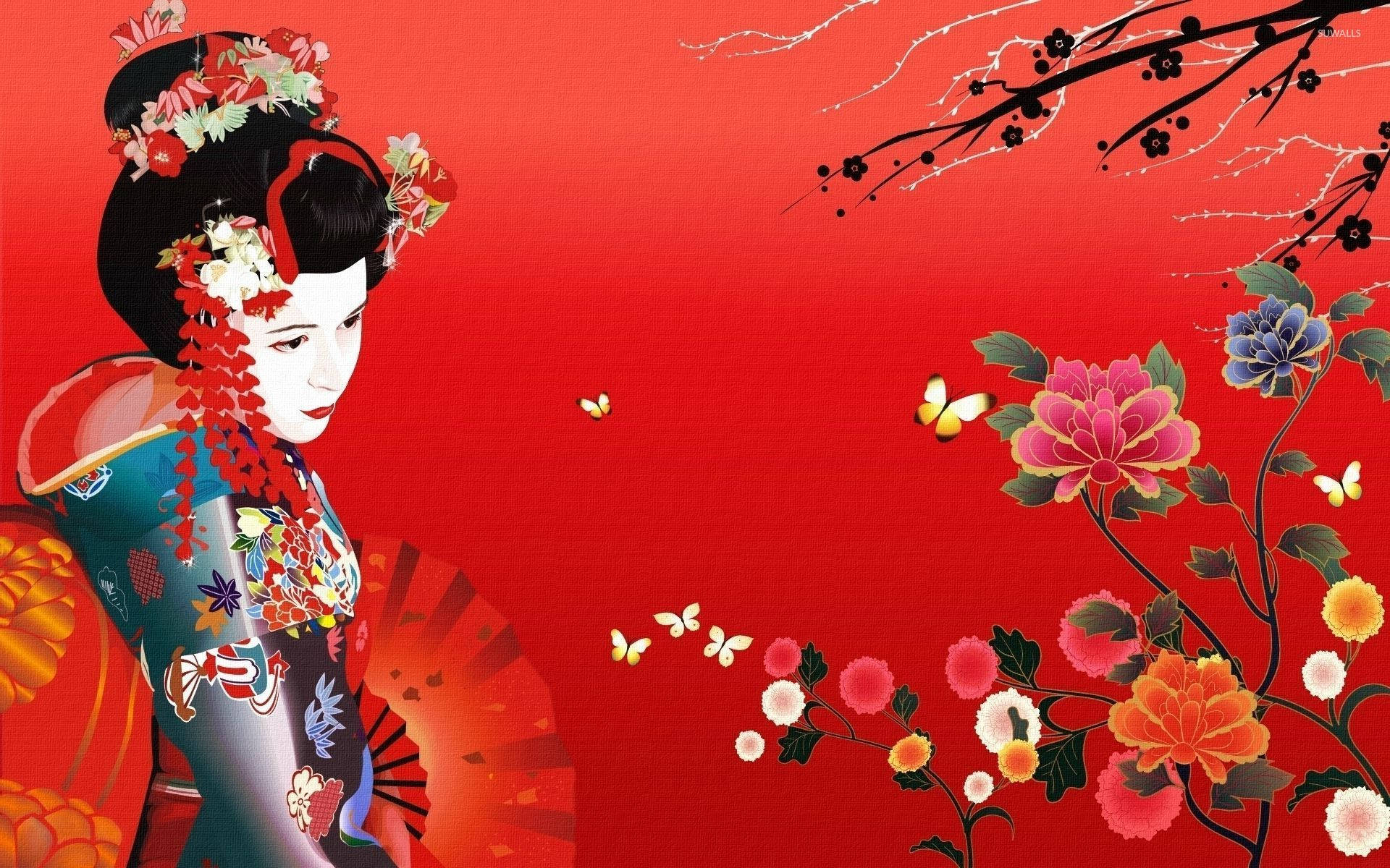 Geisha 桌布 壁紙 — 一位傳統日本藝妓穿著華麗和服，站在鮮豔的花枝和翩翩蝴蝶旁，背景為大膽的紅色。
