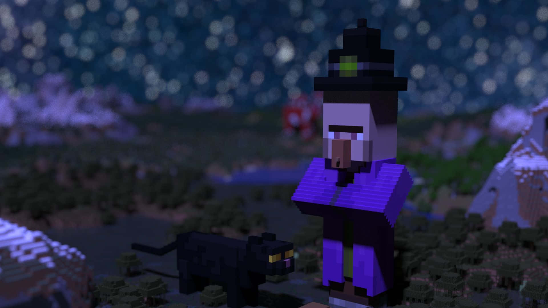 Minecraft Witch 桌布 壁紙 — 一位像素化的女巫，身穿紫色長袍和黑色帽子，站在一隻黑貓旁邊，背景是星空下的Minecraft方塊風景。
