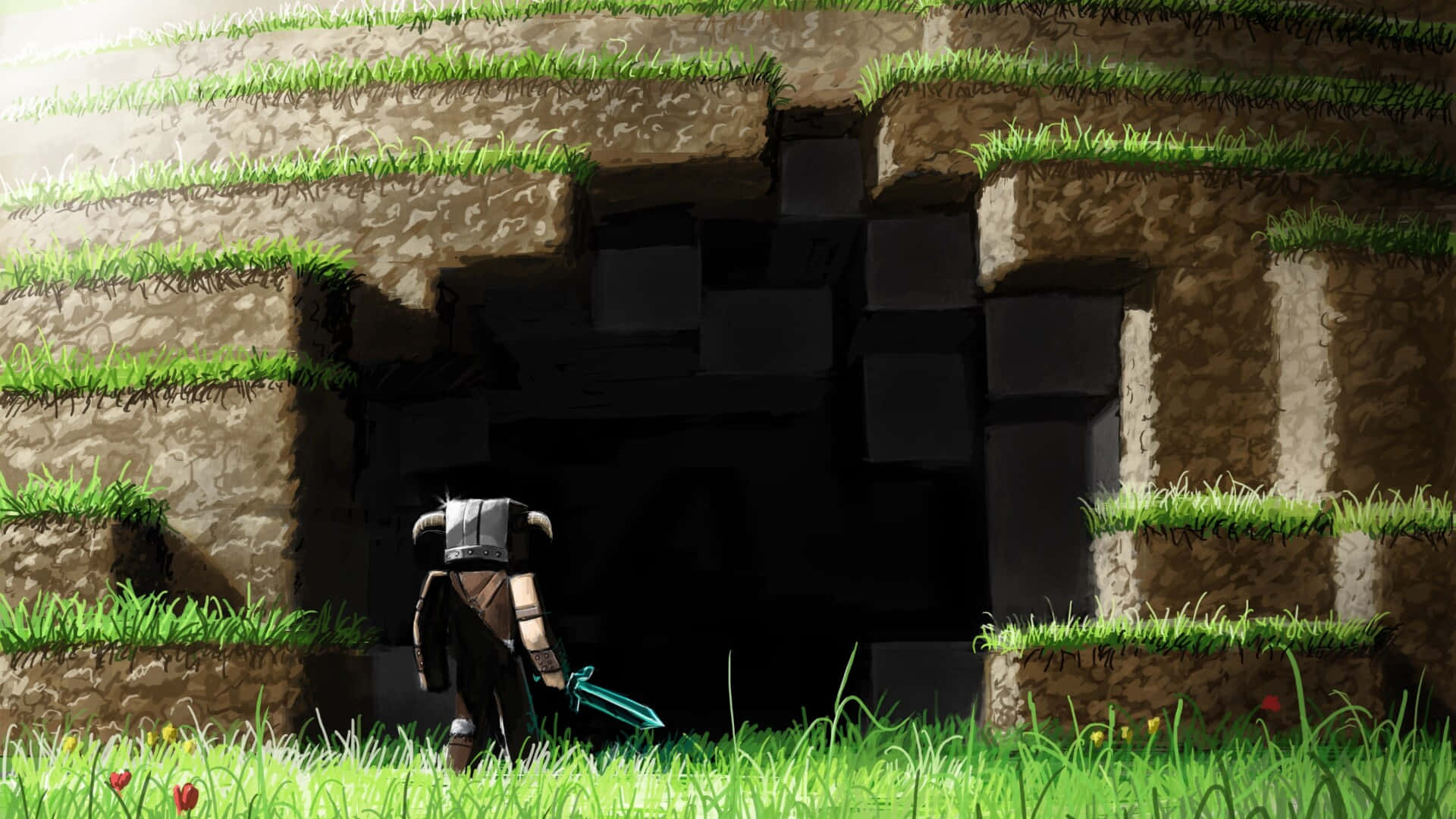 Minecraft Fight 桌布 壁紙 — 一位像素藝術冒險家手持劍，站在一個方塊狀草地景觀中的黑暗洞穴入口前。
