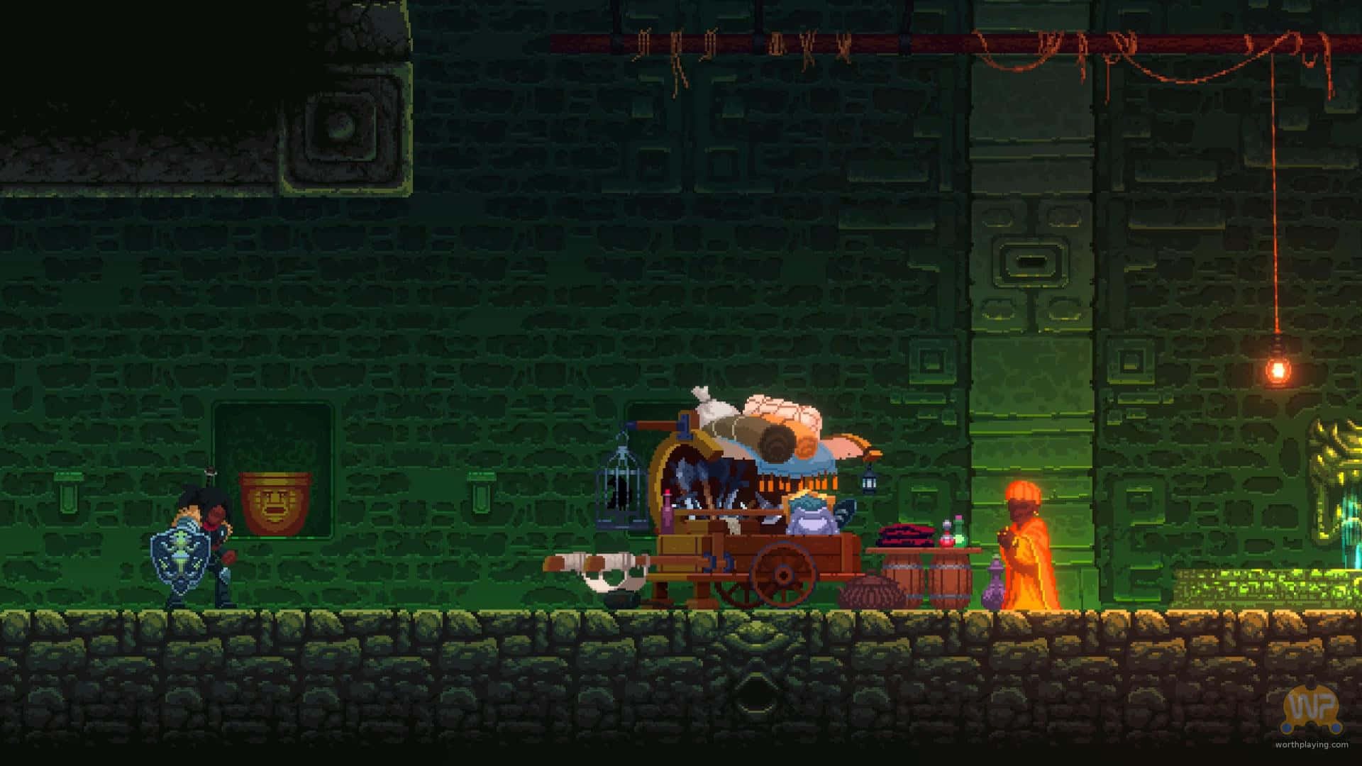 game 桌布 壁紙 — 一位像素藝術冒險家手持盾牌，在光線昏暗、綠色石牆和掛燈籠的地牢中面對一位商人。
