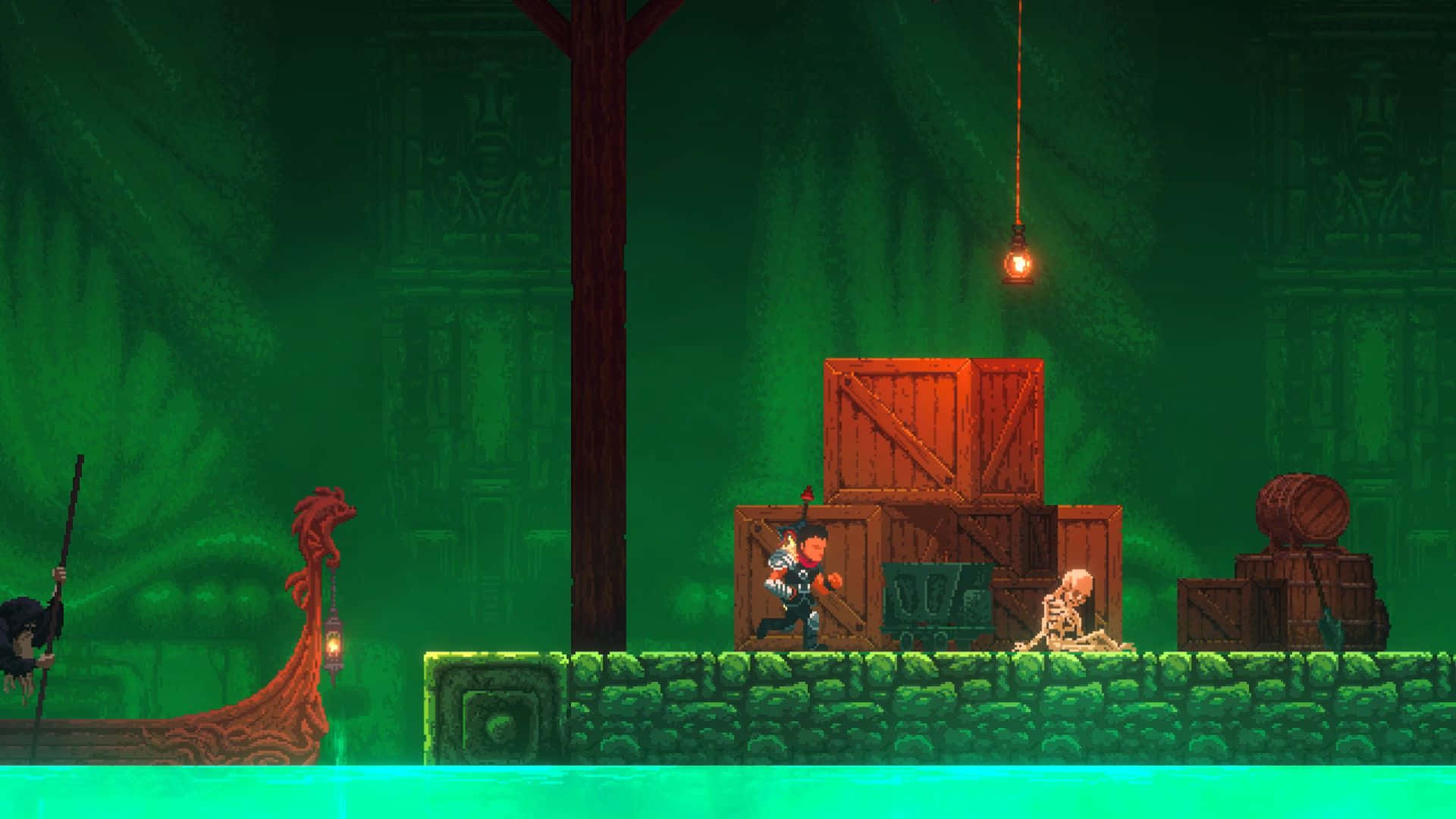 game 桌布 壁紙 — 一位像素藝術冒險家探索一個光線昏暗的叢林神廟，神廟內有發光的綠色水和木箱，上方掛著一盞燈籠。