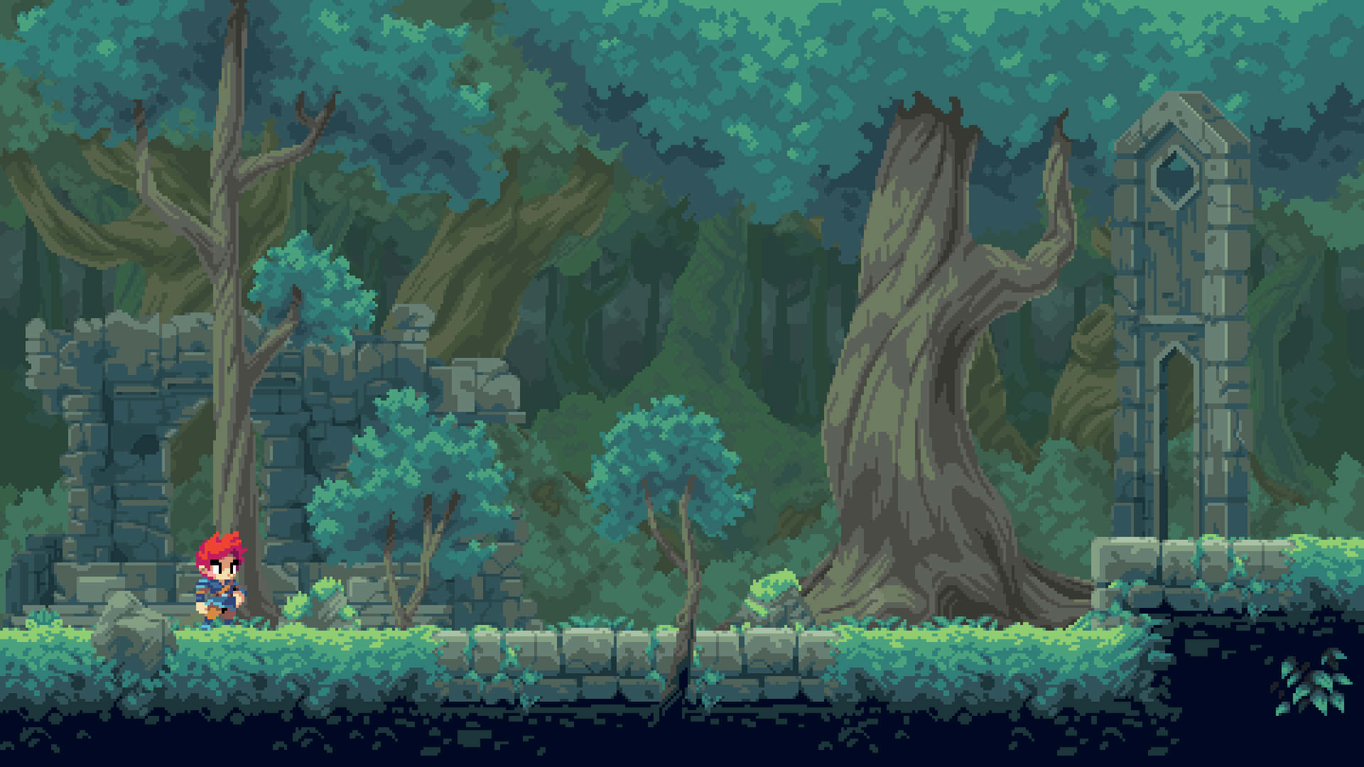 Pixel Game 桌布 壁紙 — 一位像素藝術冒險家探索隱藏在茂密綠色森林中的古老石頭廢墟，周圍有高聳的樹木。