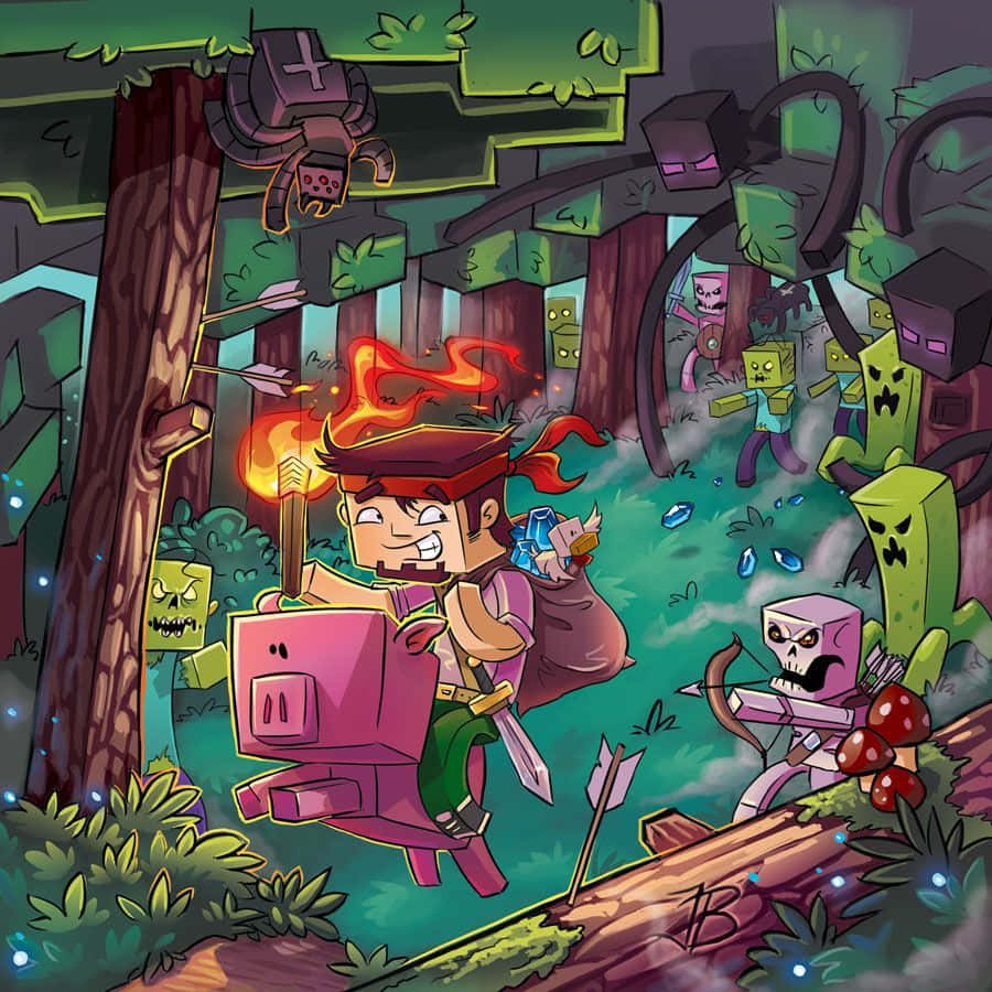 Minecraft Fan Art 桌布 壁紙 — 一位像素藝術冒險家騎著豬穿過叢林，同時用燃燒的火把與殭屍群和蜘蛛戰鬥。
