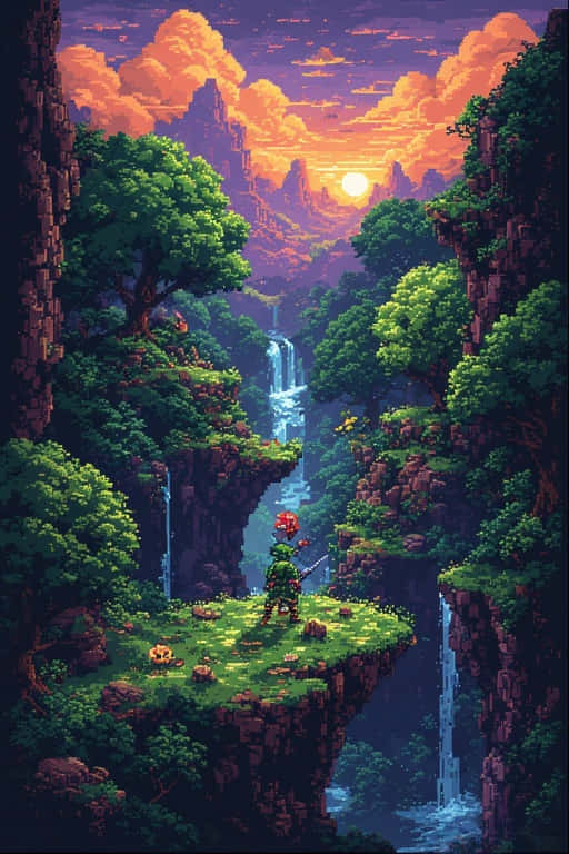 Retro Pixel Art Forest Gaming Wallpaper 4K 壁紙 — 一位像素藝術戰士站在懸崖上，俯瞰著日落時分色彩繽紛的峽谷中的瀑布。