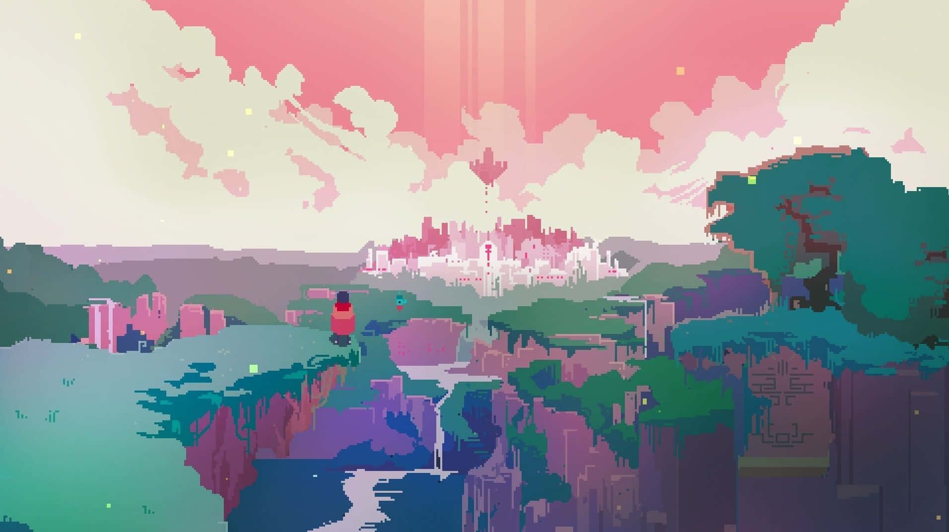 Pixel 桌布 壁紙 — 一位像素藝術探險家站在懸崖上，俯瞰著一座沐浴在粉紅色和藍綠色日落色調中的浮空城市。