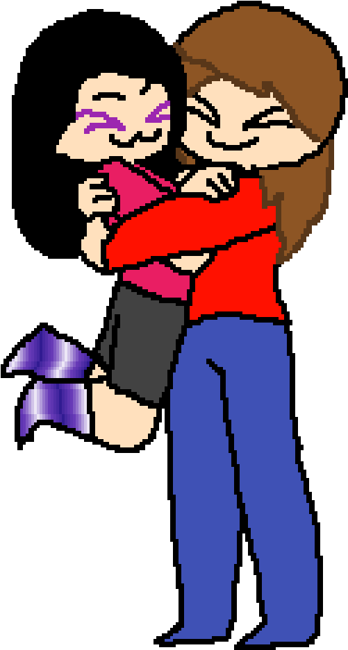 Clip Art 桌布 壁紙 — 一位像素藝術風格的母親愉快地擁抱她的孩子，兩人都閉著眼睛微笑，背景為黑色。