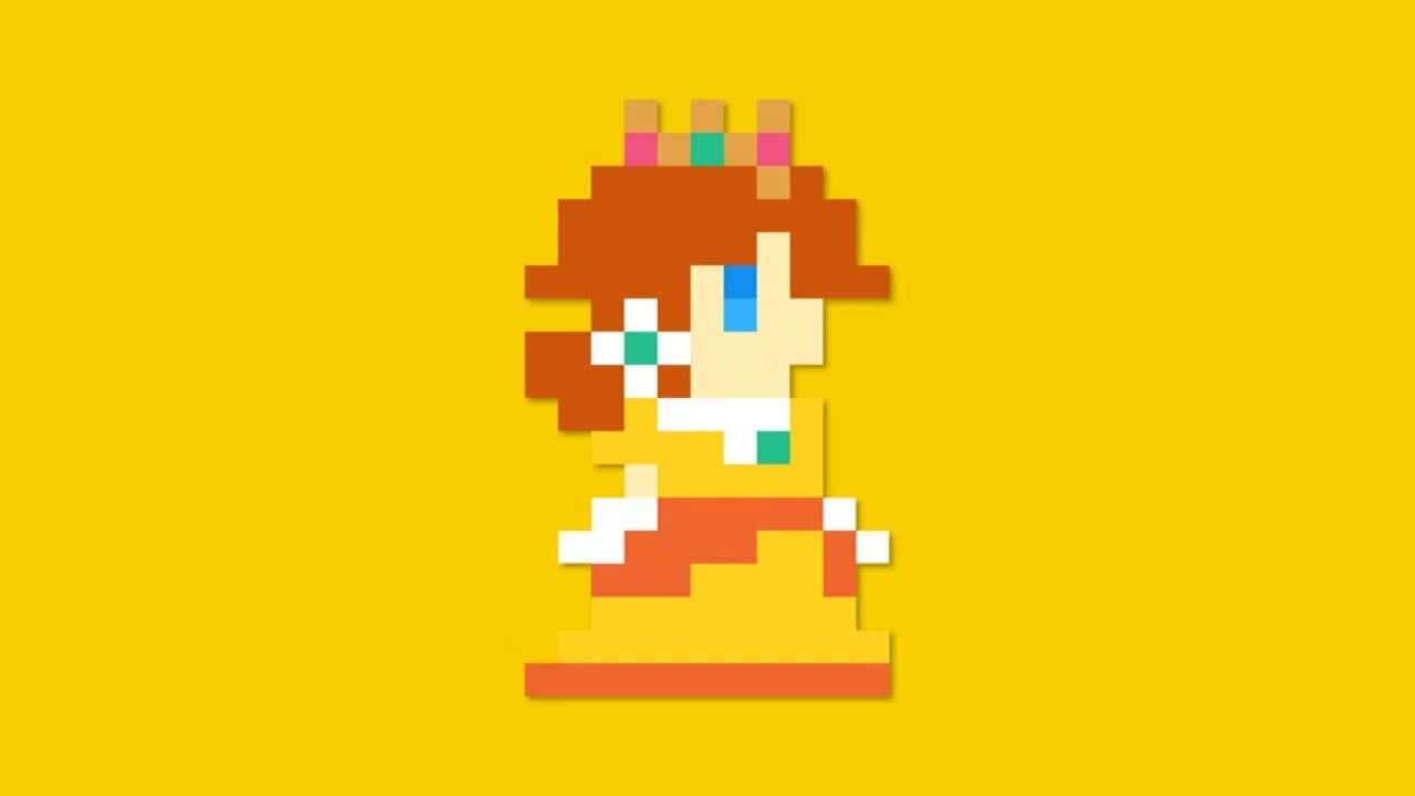 Princess Daisy 桌布 壁紙 — 一位像素風格的公主，紅髮戴著皇冠，站在純黃色背景前。