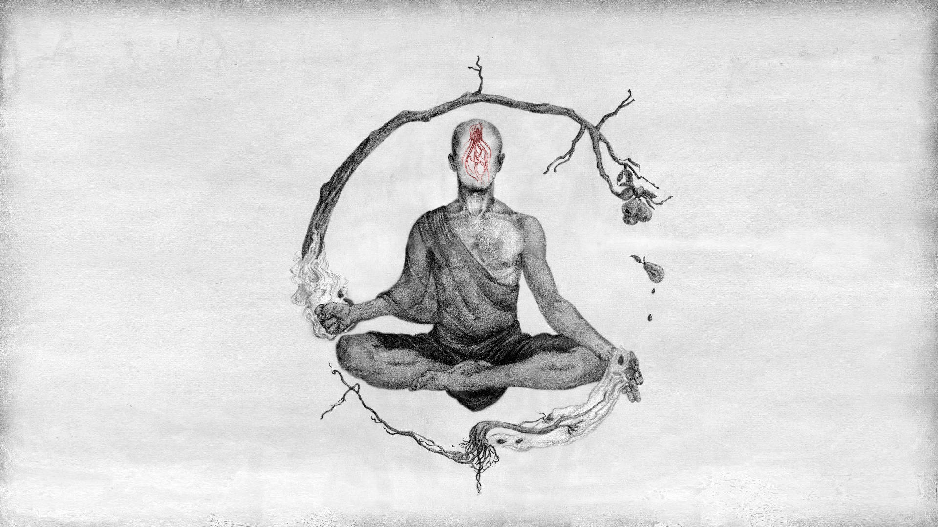 靈性動圖 桌布 壁紙 — 一位僧侶以蓮花坐姿冥想，被一條彎曲的樹枝環繞，額頭上有紅色標記，雙手流出樹根。