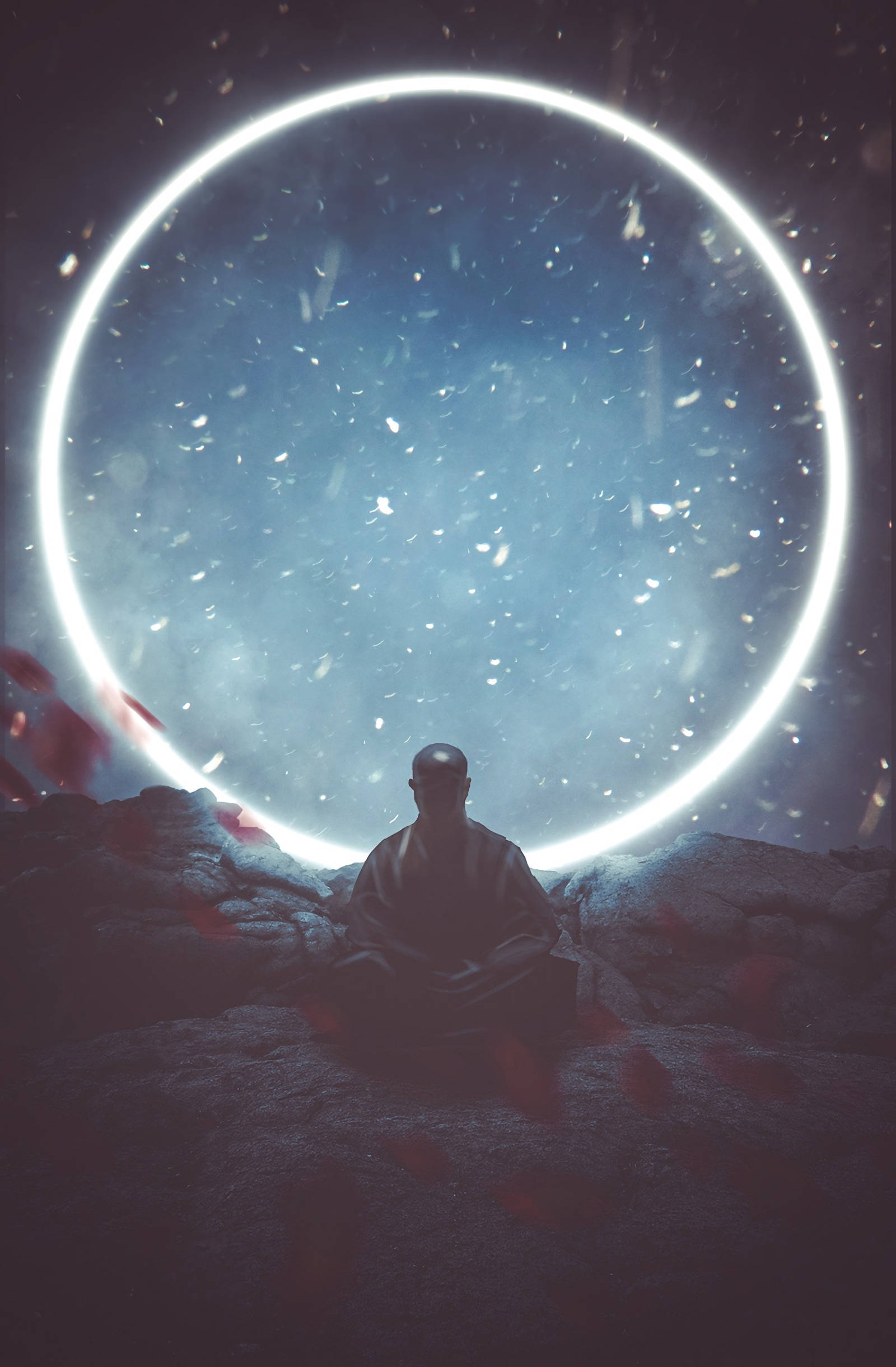 Meditation 桌布 壁紙 — 一位僧侶在發光的宇宙環前冥想，周圍是飄落的花瓣和星空虛無。