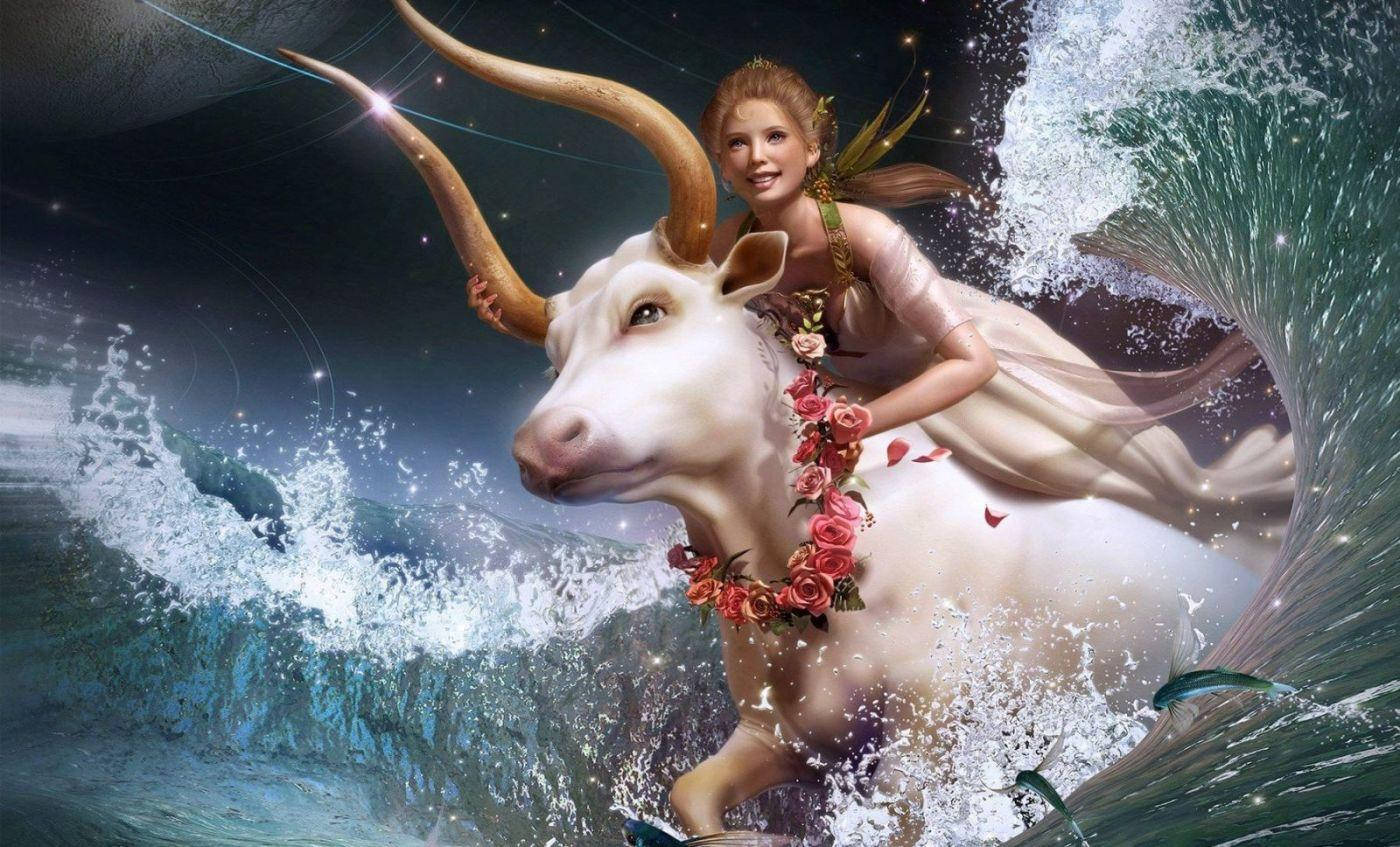 zodiac 桌布 壁紙 — 一位優雅的仙女，長髮飄逸，騎著一頭飾有玫瑰的雄偉白牛，在星光閃爍的夜空下穿越閃閃發光的海浪。