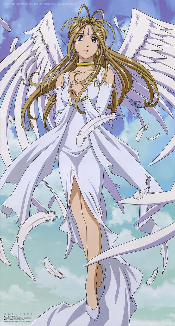 Ah My Goddess 桌布 壁紙 — 一位優雅的動漫天使，擁有金色長髮和白色翅膀，在柔和的藍天背景下漂浮在飄落的羽毛之間。