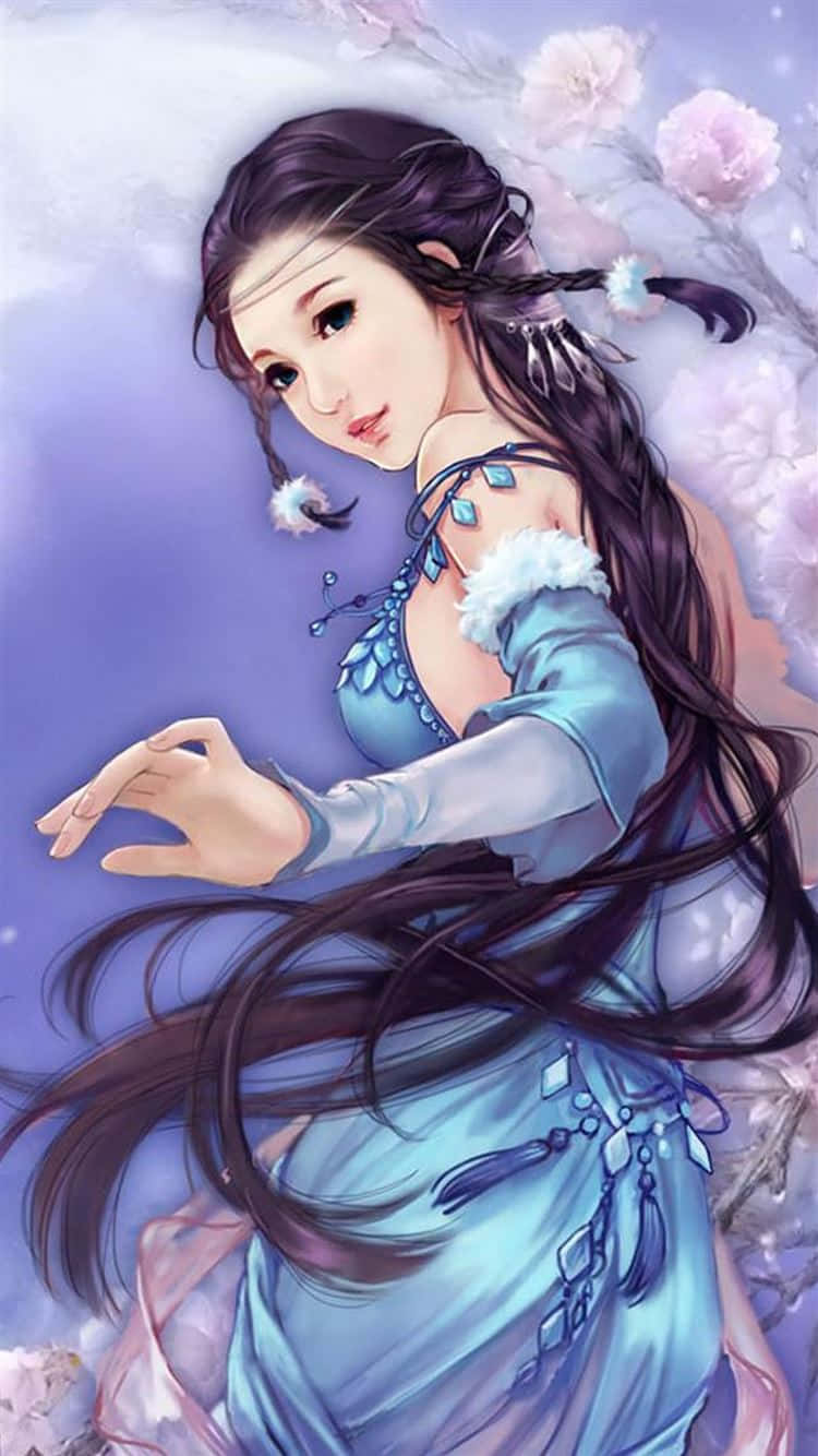 Beautiful Anime 桌布 壁紙 — 一位優雅的動漫女孩，長長的黑髮和藍色連衣裙，在薰衣草色的天空下飄浮在柔和的粉紅色櫻花中。