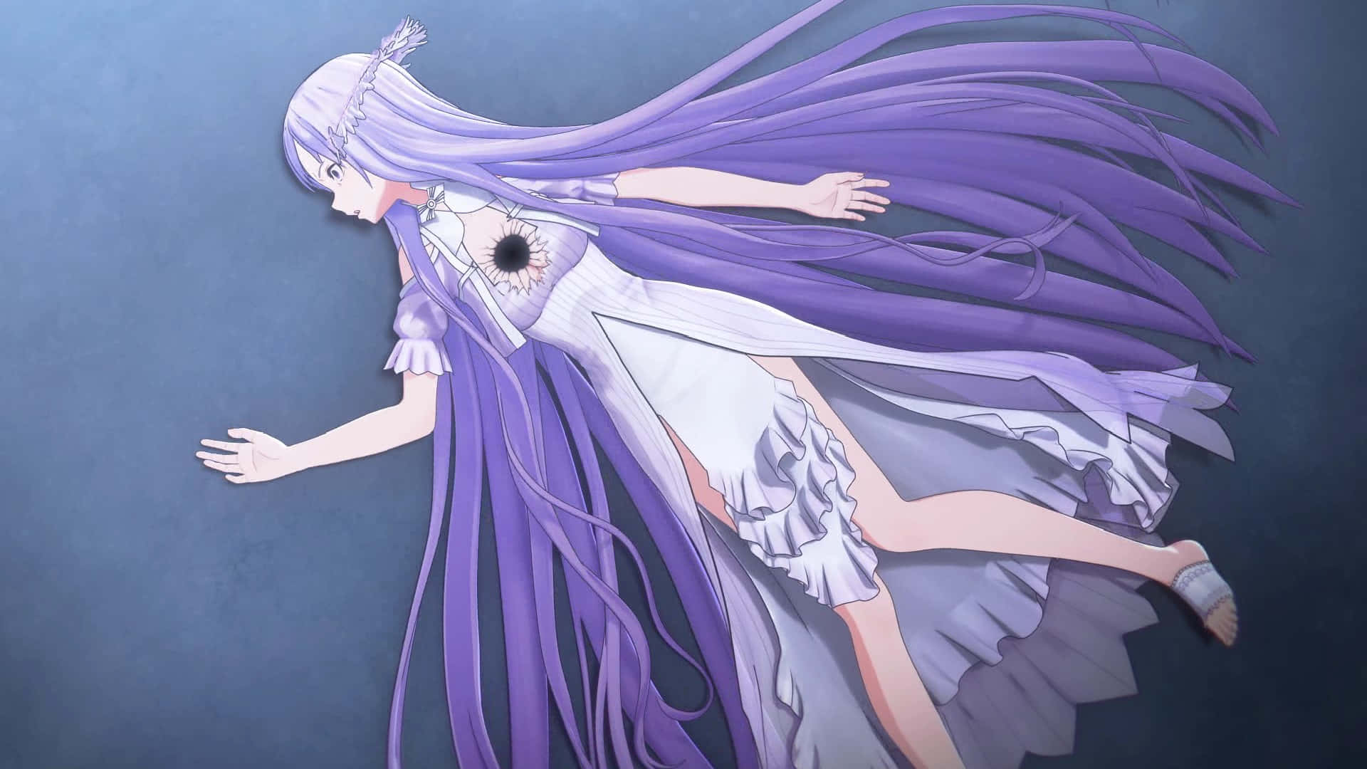 Sword Art Online Quinella 桌布 壁紙 — 一位優雅的動漫女孩，飄逸的紫色長髮和白色連衣裙，伸展雙臂在清涼的藍色虛空中漂流。