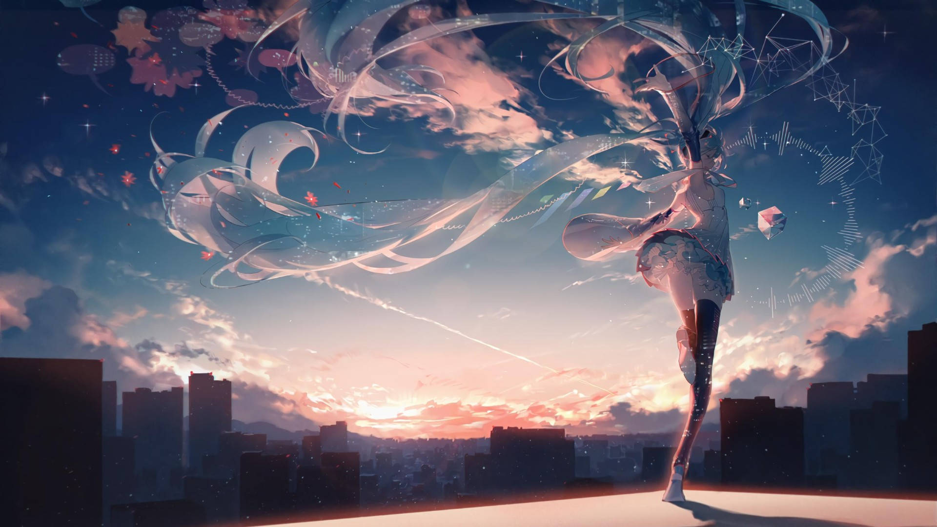 Illustration Art 桌布 壁紙 — 一位優雅的動漫女孩，飄逸的長髮和宇宙絲帶，在夕陽下的城市屋頂上跳舞。