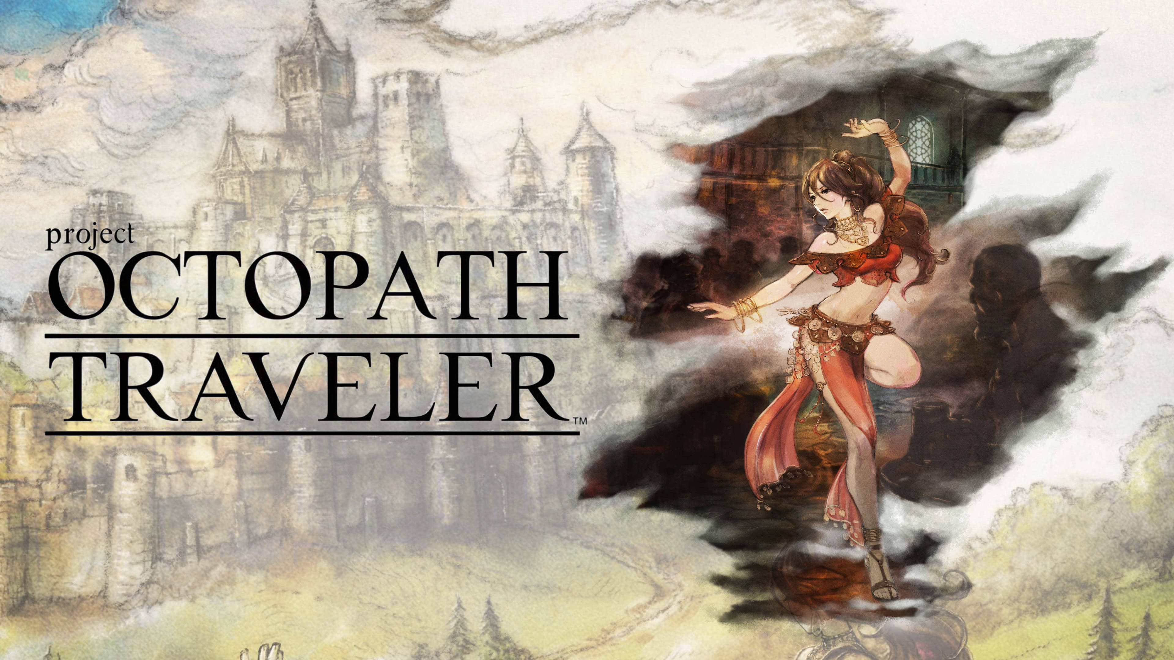 Traveler 桌布 壁紙 — 一位優雅的動漫女孩穿著紅色服裝，在迷霧城堡背景前跳舞，作為奇幻遊戲宣傳藝術。