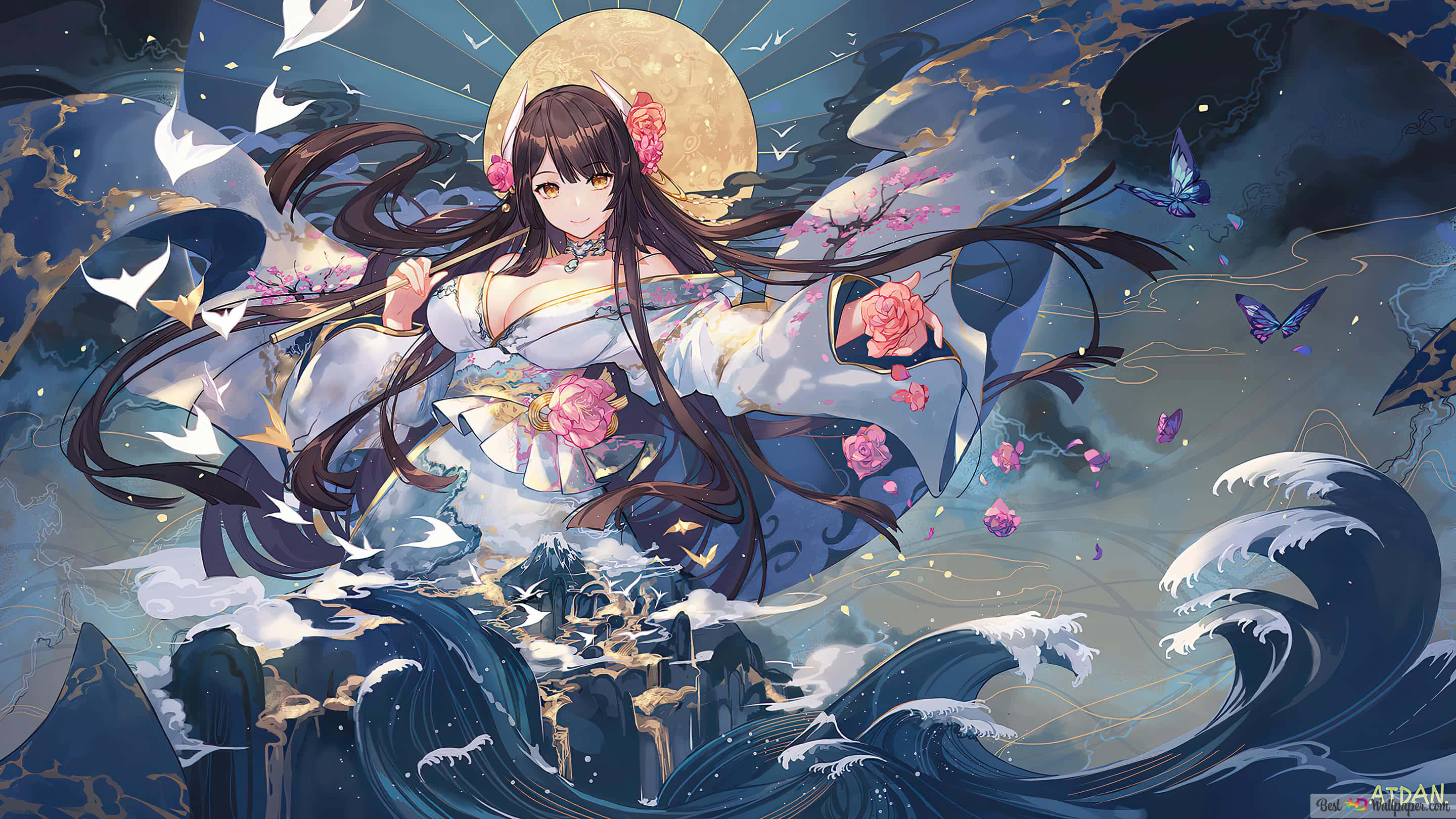 桌布 壁紙 — 一位優雅的動漫女孩穿著花卉和服，站在洶湧的海浪之上，滿月之下，蝴蝶和櫻花在她周圍旋轉。