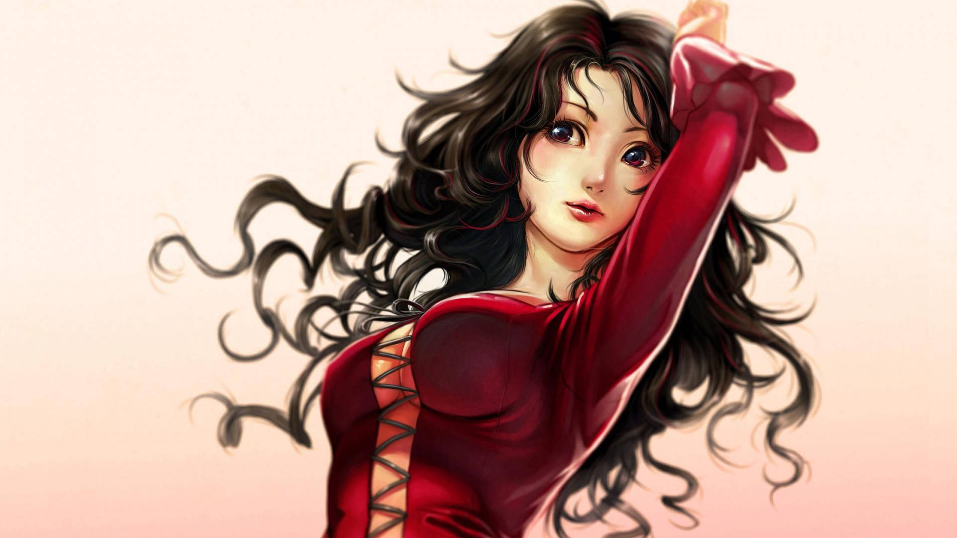 Girly Cartoon 桌布 壁紙 — 一位優雅的動漫女性，擁有飄逸的黑髮和紅色服裝，在柔和的粉紅色漸變背景前擺出動態姿勢。