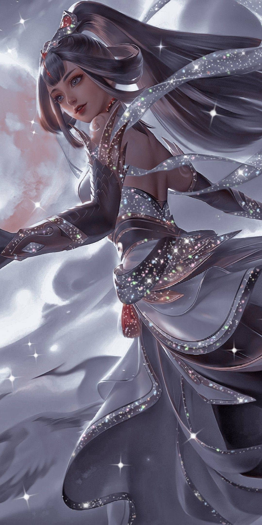 Guinevere 桌布 壁紙 — 一位優雅的動漫女性，擁有飄逸的黑髮和閃閃發光的銀色長袍，漂浮在繁星點點的宇宙天空中。