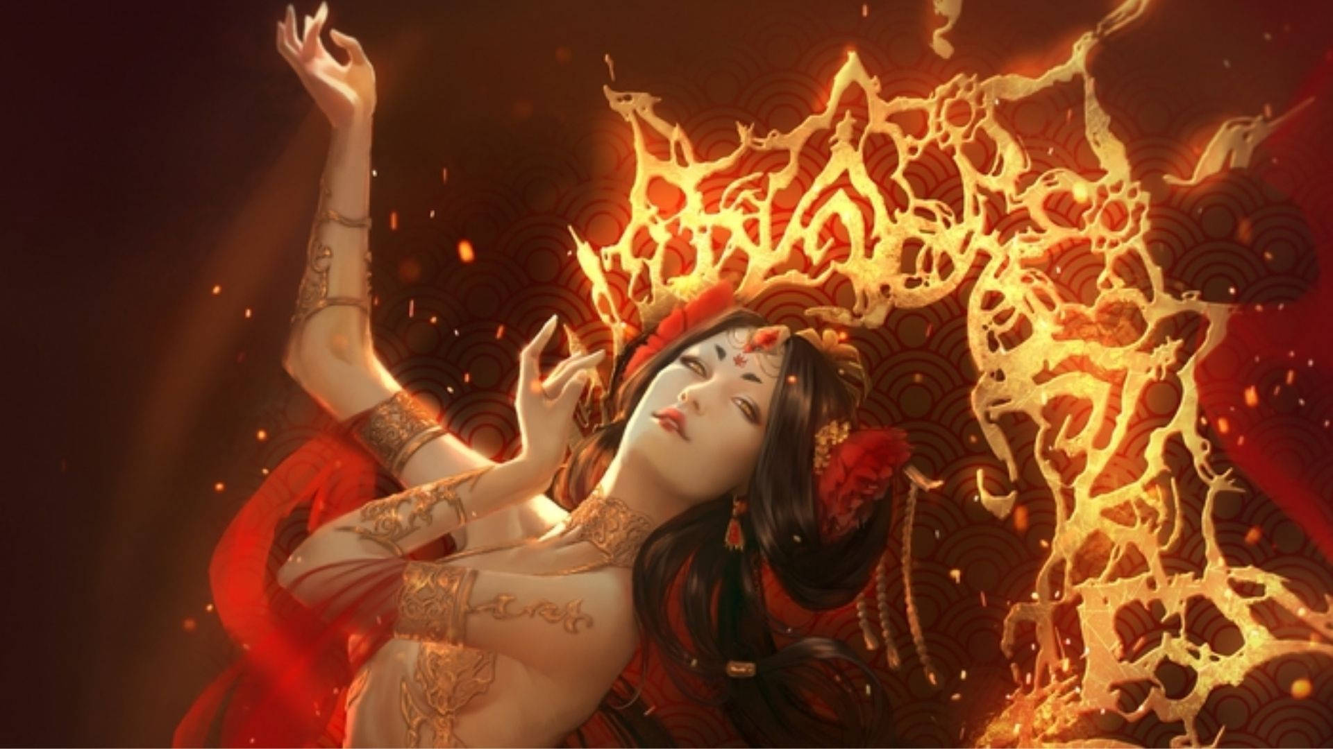 Fire Girl 桌布 壁紙 — 一位優雅的動漫女性，深色頭髮，紅色服裝，在圖案紅色背景前，於閃爍的金色火焰中跳舞。