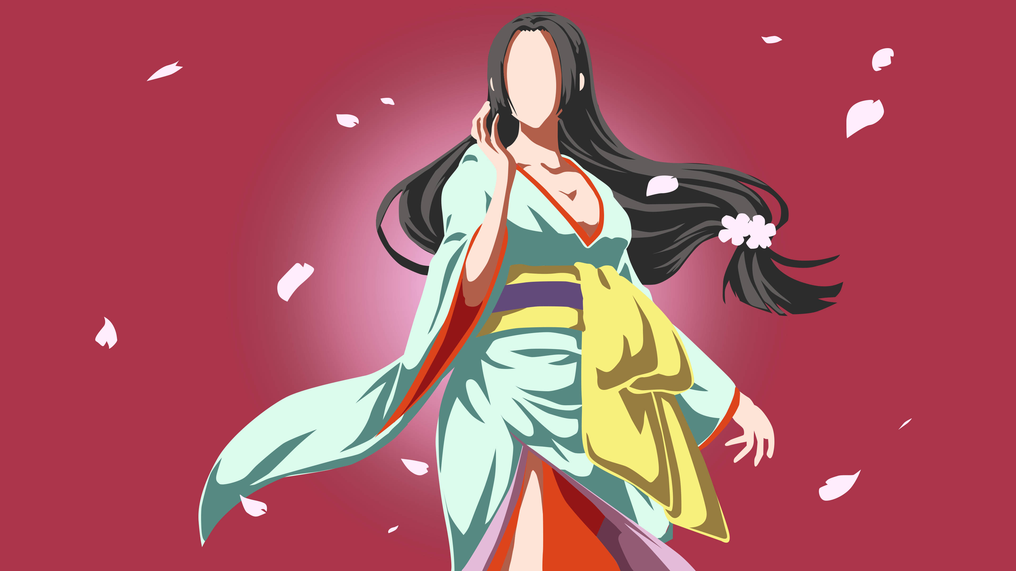 boa hancock 桌布 壁紙 — 一位優雅的動漫女性穿著飄逸的和服，在深紅色背景下於飄落的櫻花中起舞。