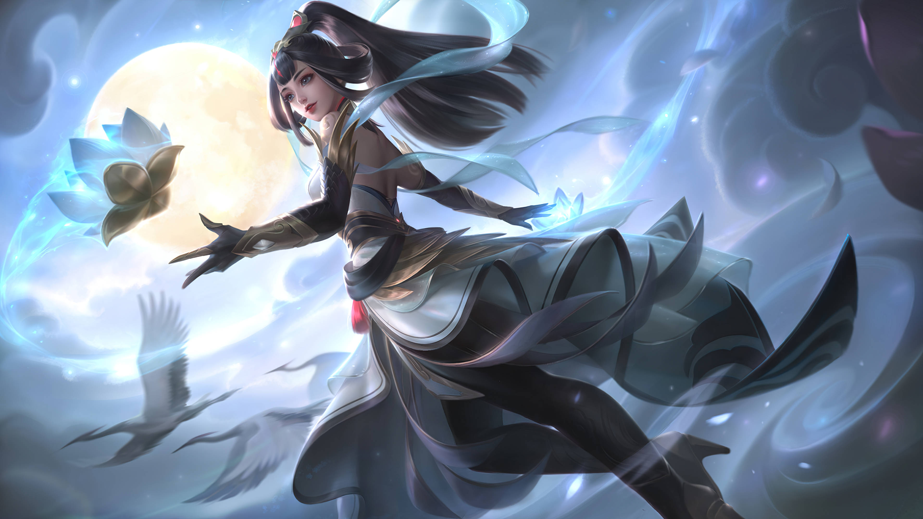 Guinevere 桌布 壁紙 — 一位優雅的動漫女性身穿飄逸長袍，在滿月下漂浮於旋轉的藍色能量和發光的蓮花之間。