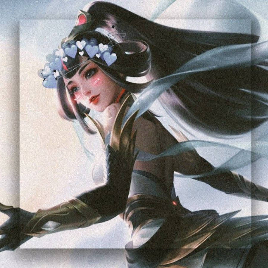 Guinevere 桌布 壁紙 — 一位優雅的動漫女戰士，擁有飄逸的黑髮，飾有發光的藍色心形和動態的布料。