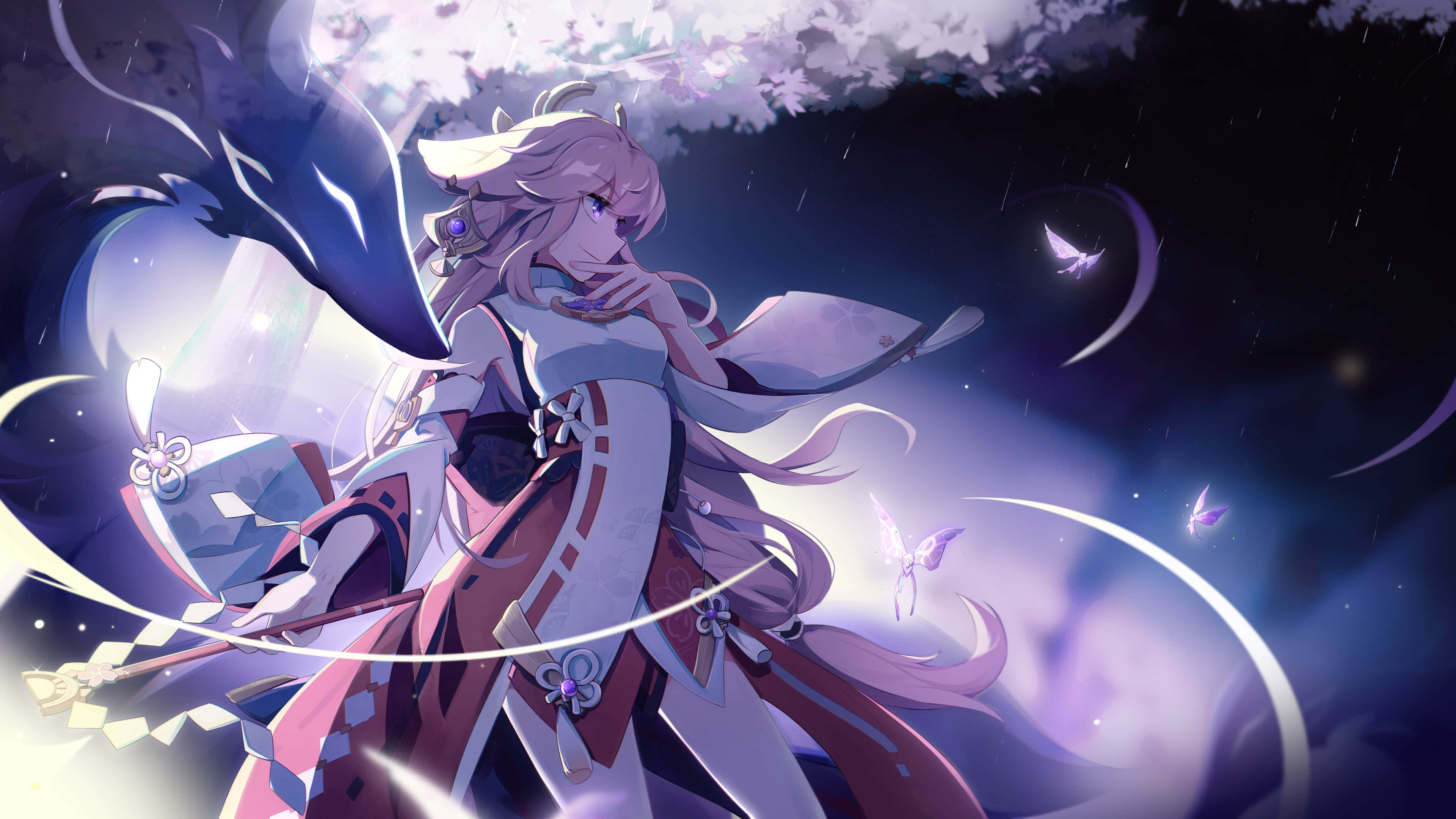 Genshin 桌布 壁紙 — 一位優雅的動漫少女，粉紅色頭髮和狐狸耳朵，夜晚站在櫻花樹下，被發光的蝴蝶和魔法能量包圍。